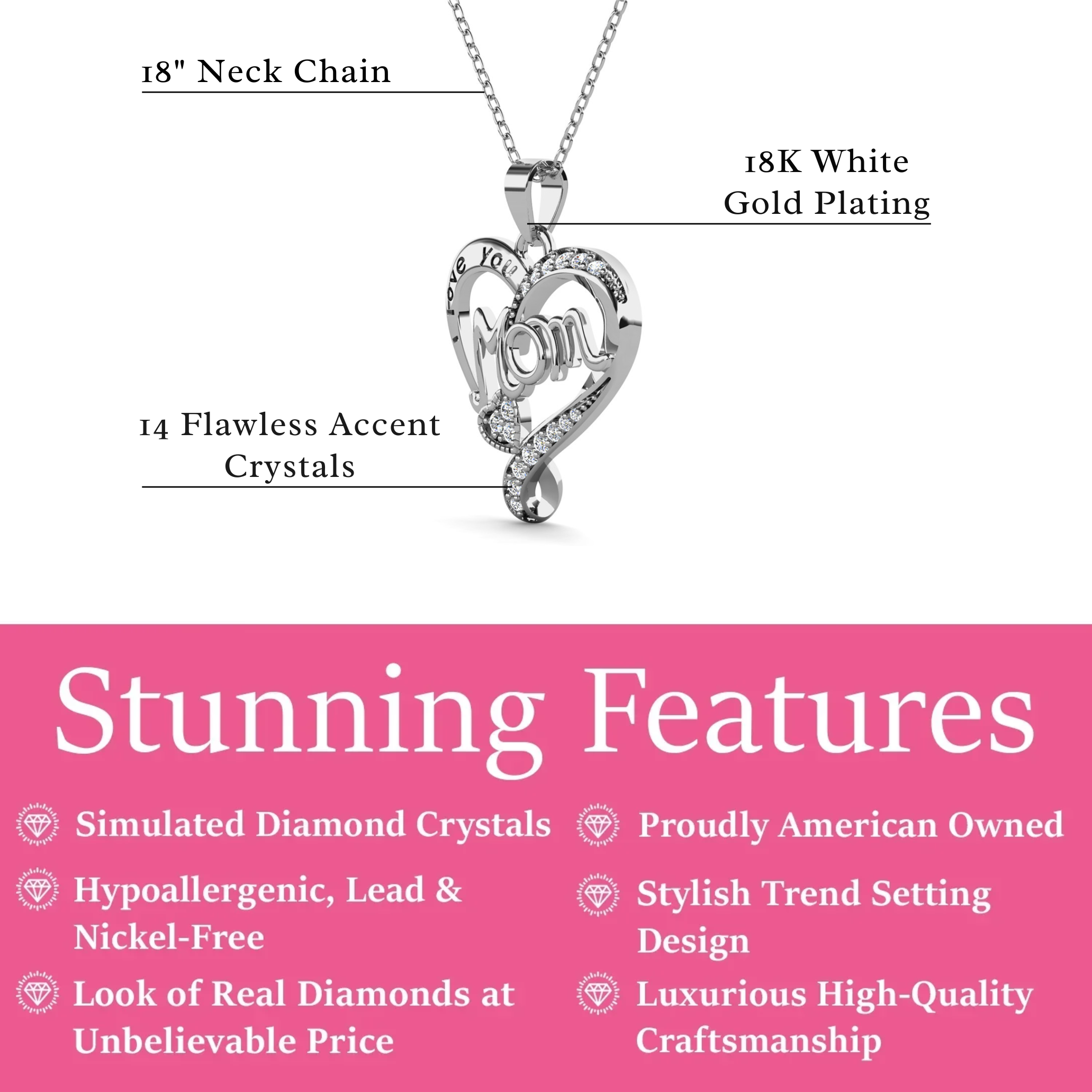 Mom 18k White Gold Plated Necklaces with Swarovski Crystals and Message Card