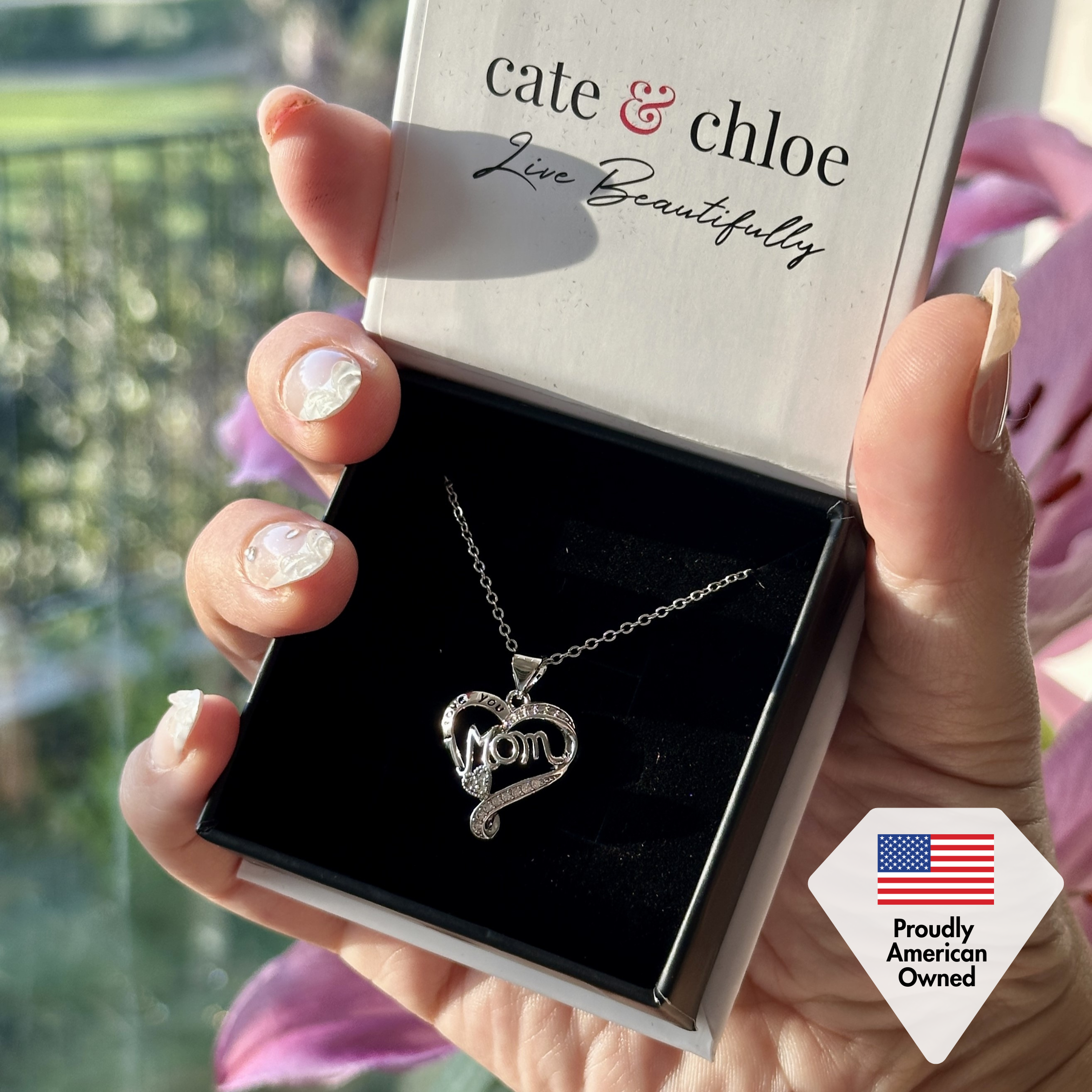 Karina 18k White Gold Plated Mom Heart Pendant Necklace with Simulated Diamond Crystals