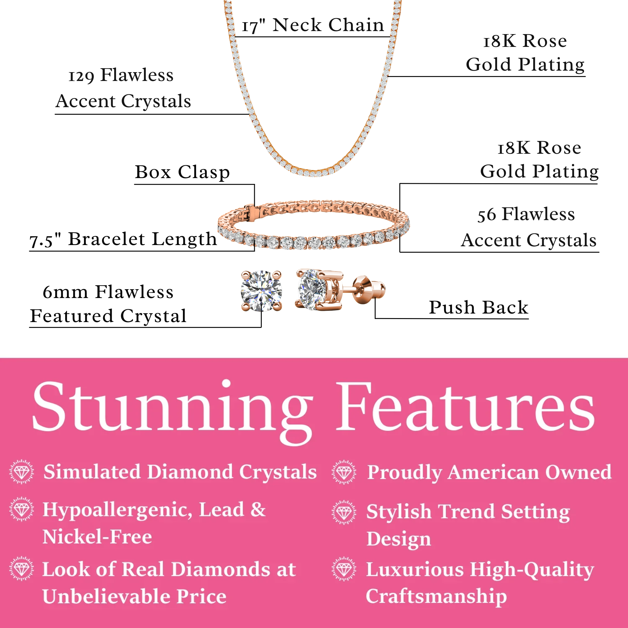 Kaylee 18k White Gold Plated Jewelry Set with Simulated Diamond Crystals (Pack of 3)
