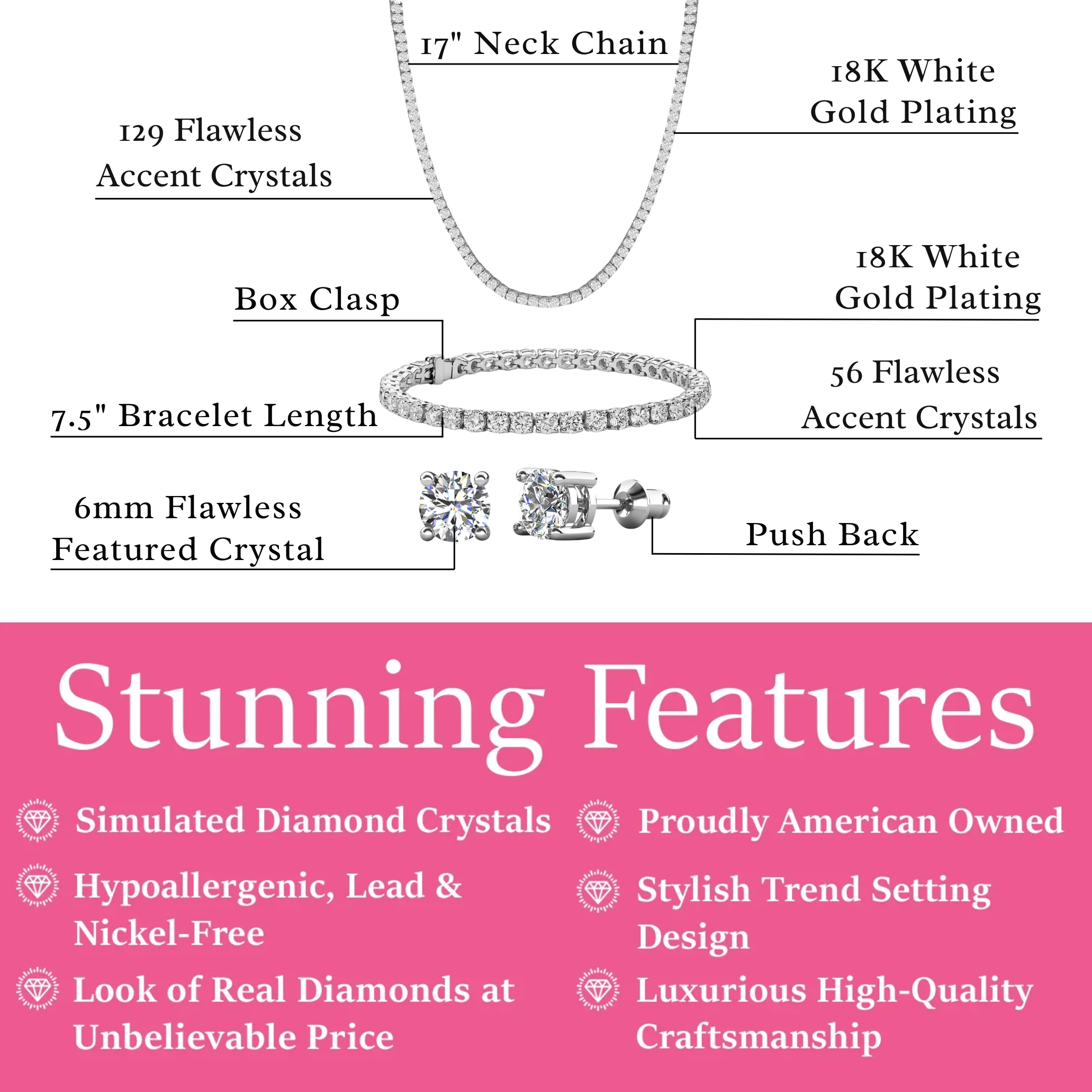 Kaylee 18k White Gold Plated Jewelry Set with Simulated Diamond Crystals (Pack of 3)
