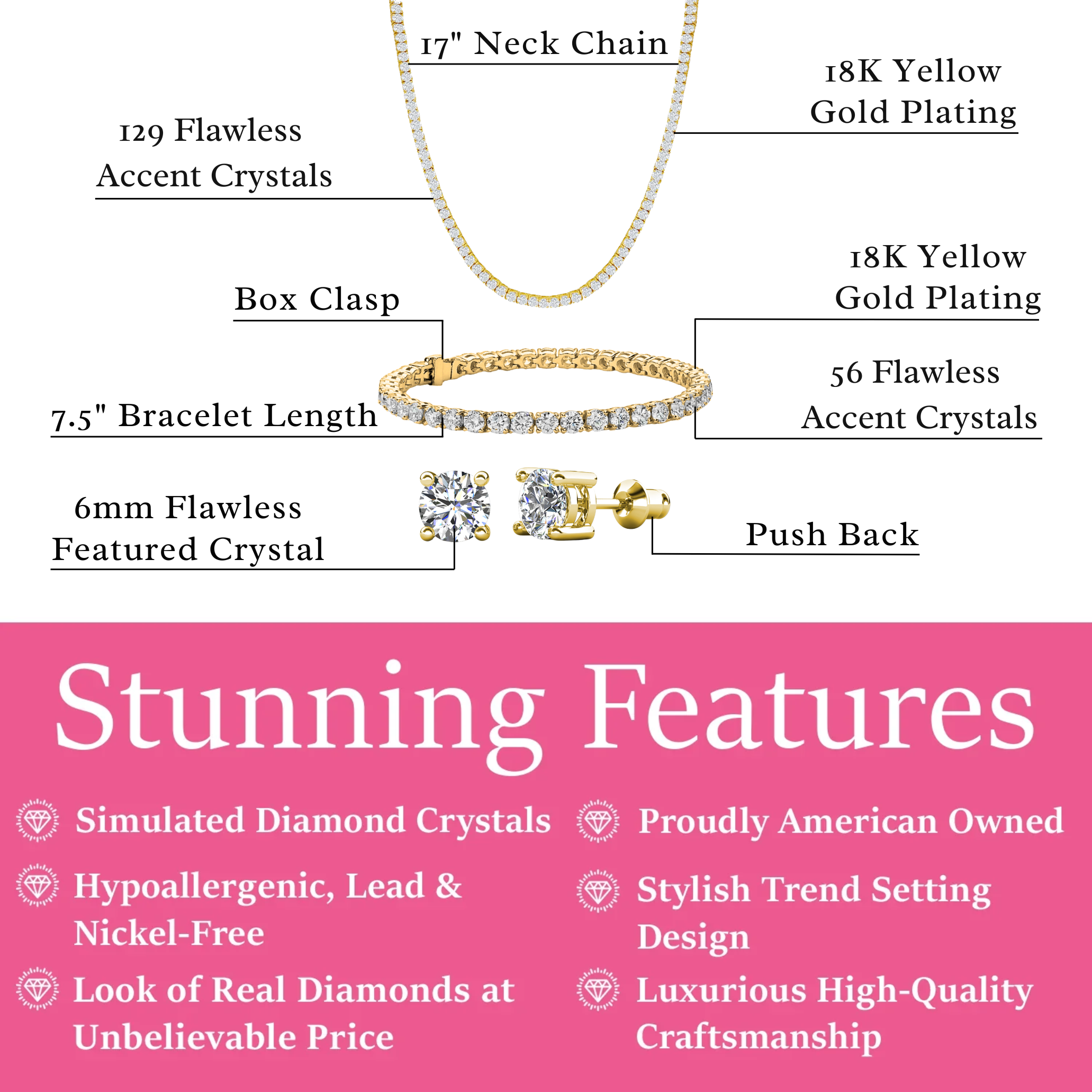 Kaylee 18k White Gold Plated Jewelry Set with Simulated Diamond Crystals (Pack of 3)