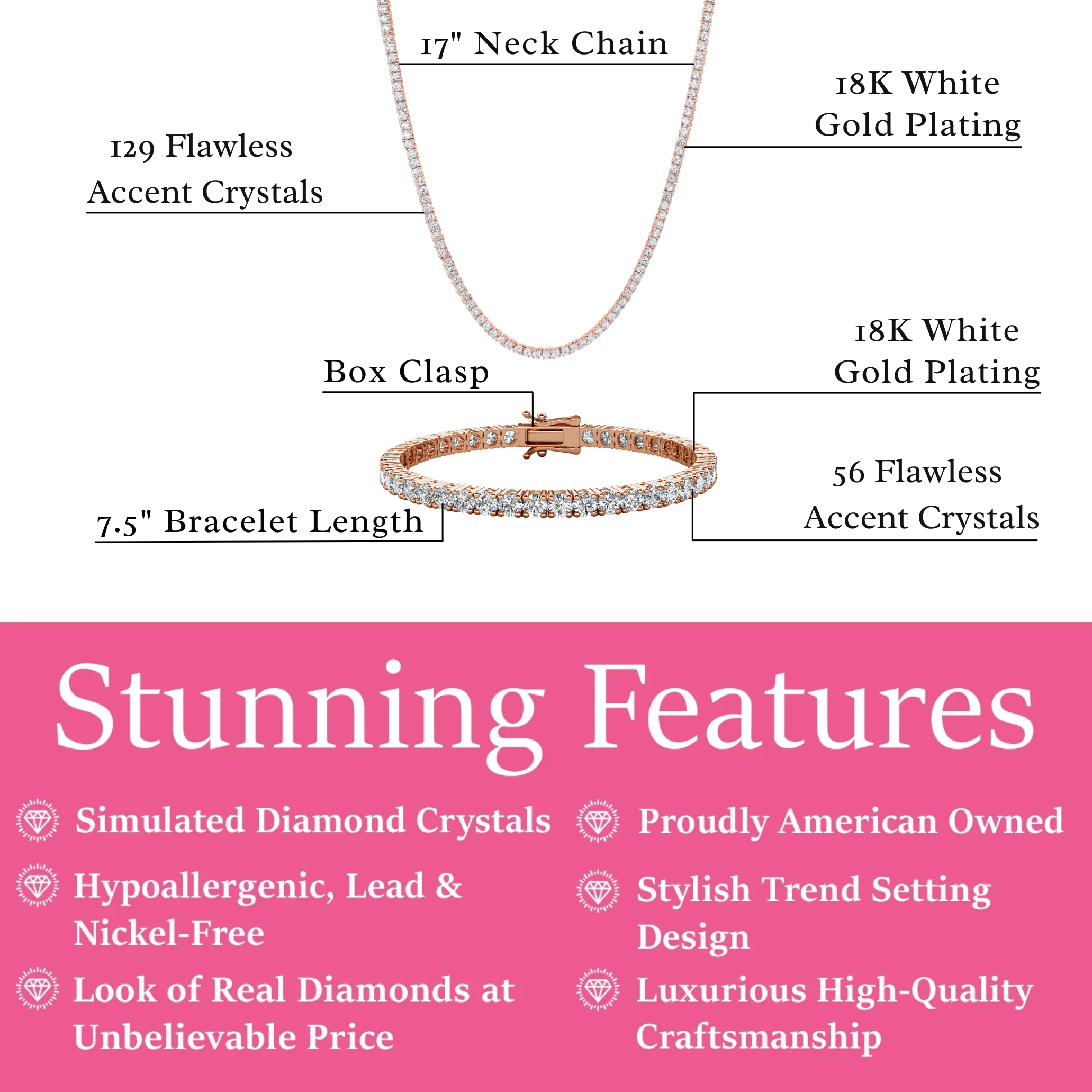 Kaylee 18k White Gold Plated Tennis Bracelet and Necklace Set with Simulated Diamond Crystals
