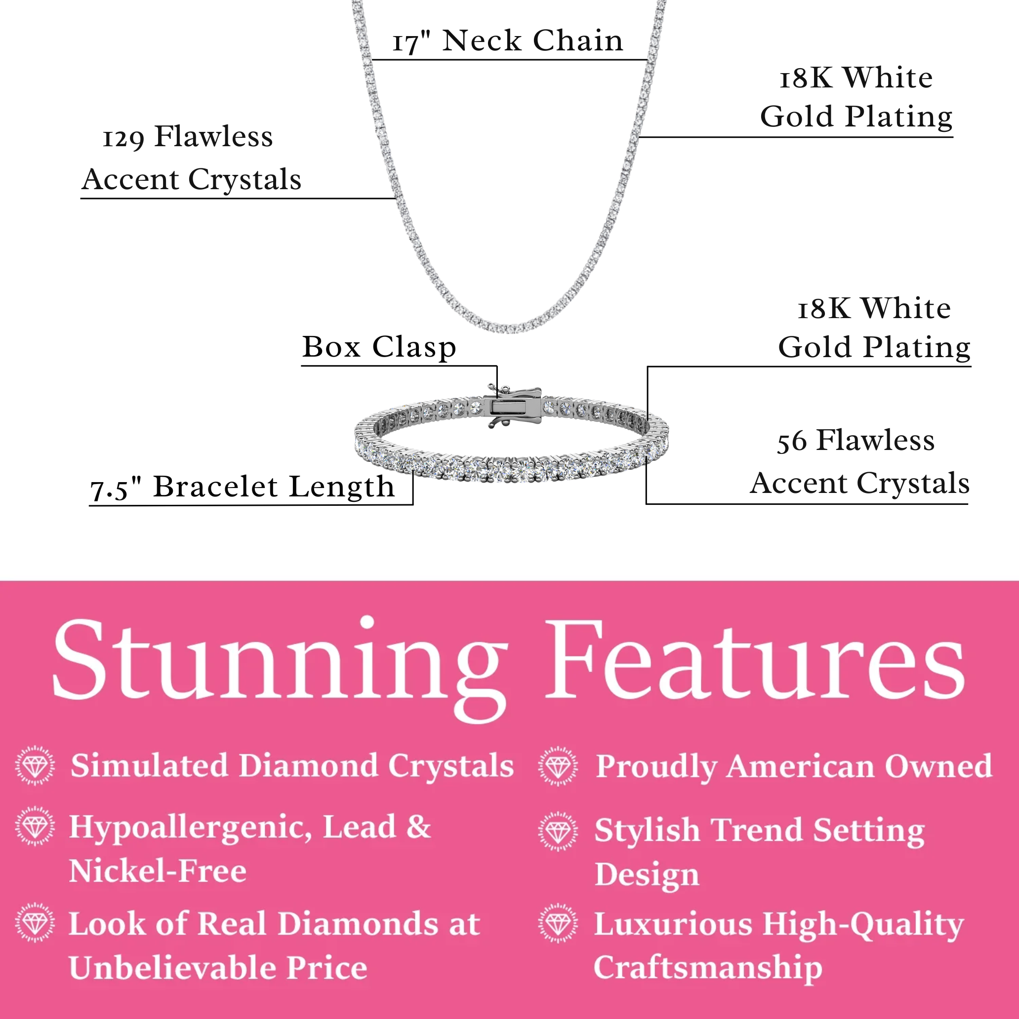 Kaylee 18k White Gold Plated Tennis Bracelet and Necklace Set with Simulated Diamond Crystals