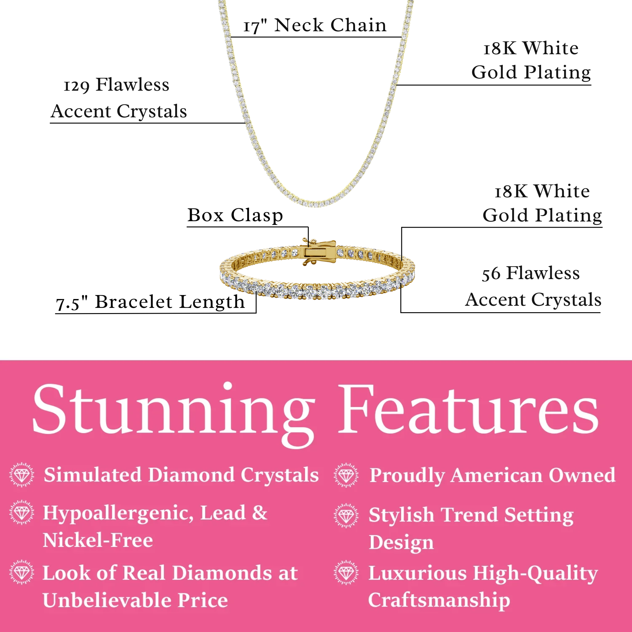 Kaylee 18k White Gold Plated Tennis Bracelet and Necklace Set with Simulated Diamond Crystals