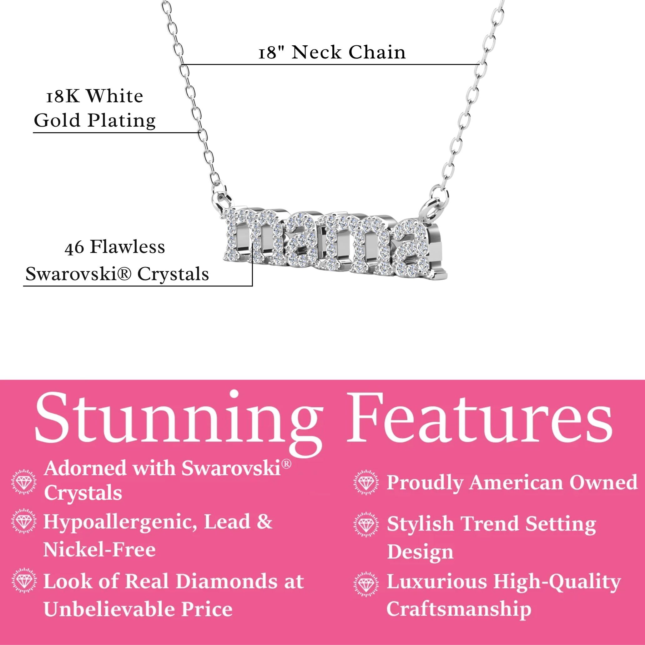 Kelly 18k White Gold Plated Mama Necklace with Swarovski Crystals