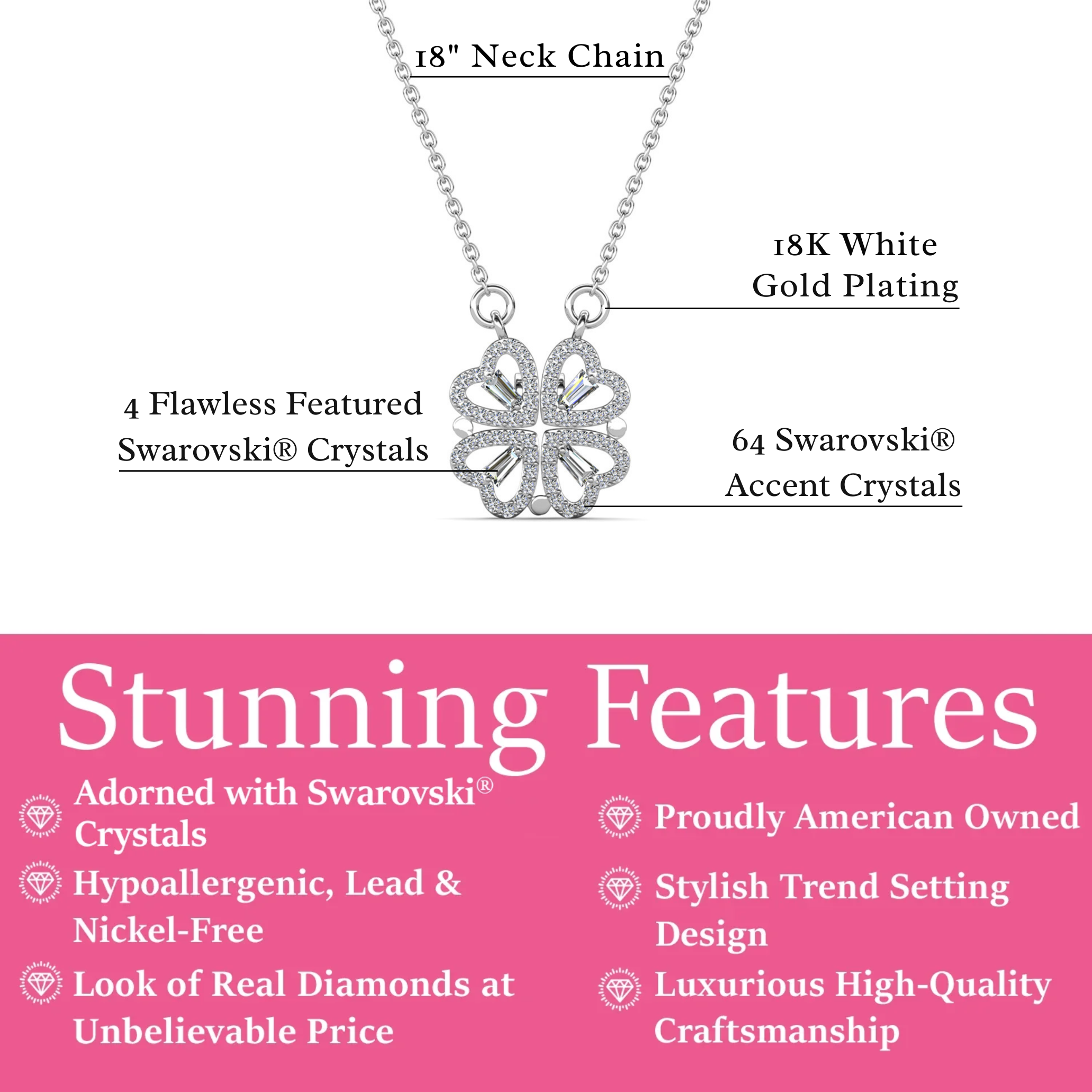 Posie 18k White Gold Plated 2-in-1 Heart/Clover Pendant Necklace with Swarovski Crystals