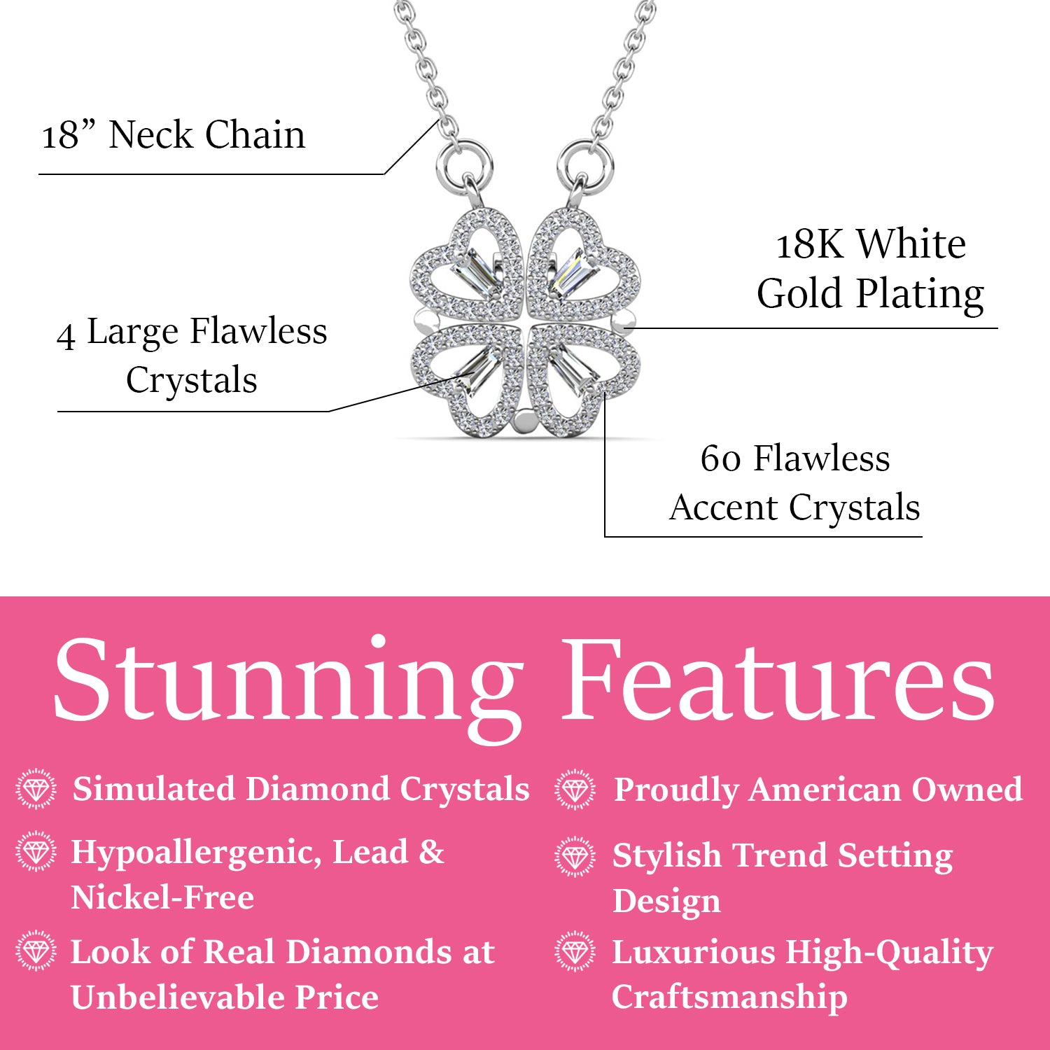 Kendra 18k White Gold Plated 2-in-1 Heart/Clover Pendant Necklace with Crystals