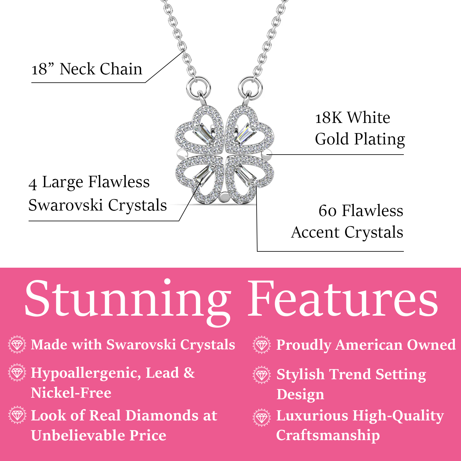 Posie 18k White Gold Plated 2-in-1 Heart/Clover Pendant Necklace with Swarovski Crystals