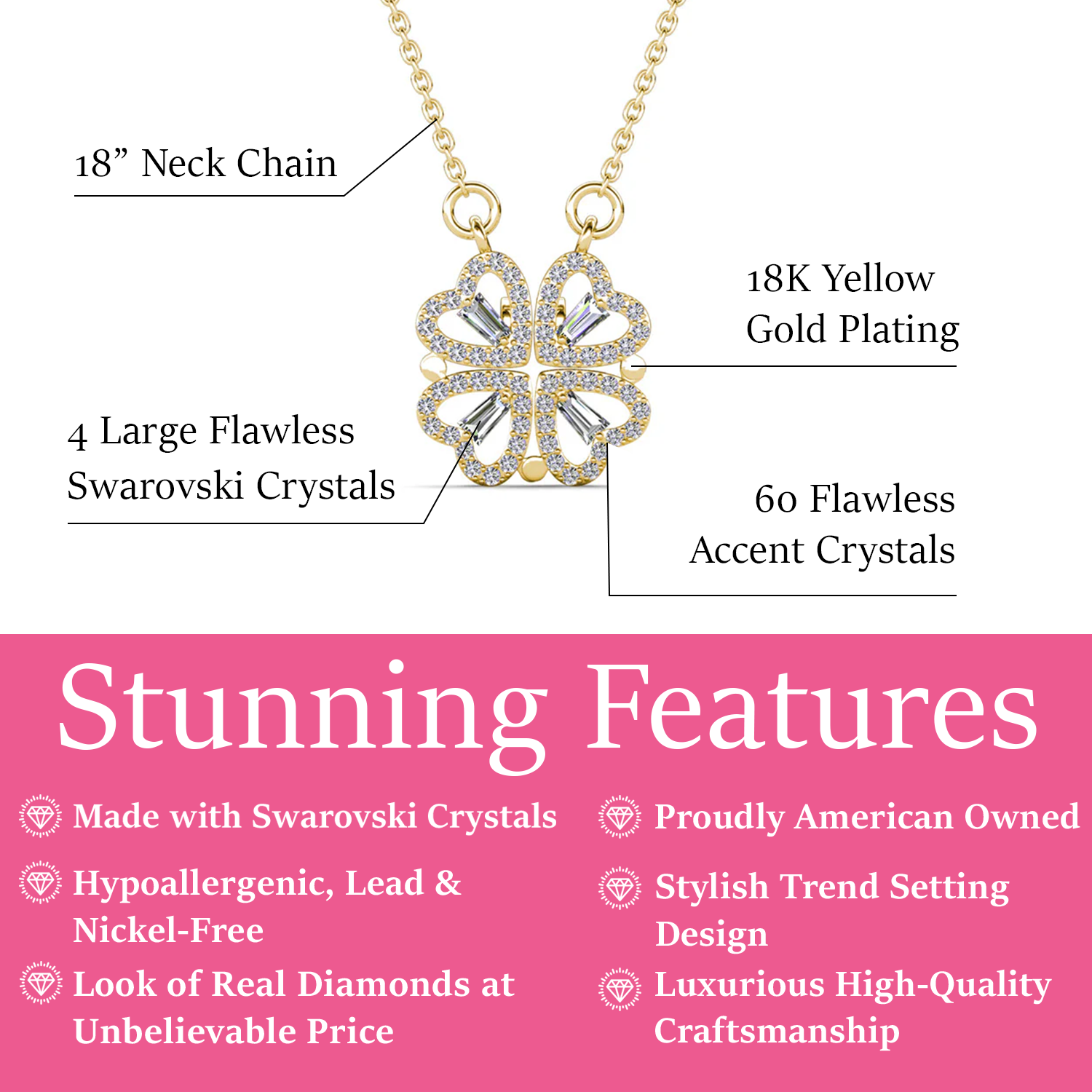 Posie 18k White Gold Plated 2-in-1 Heart/Clover Pendant Necklace with Swarovski Crystals