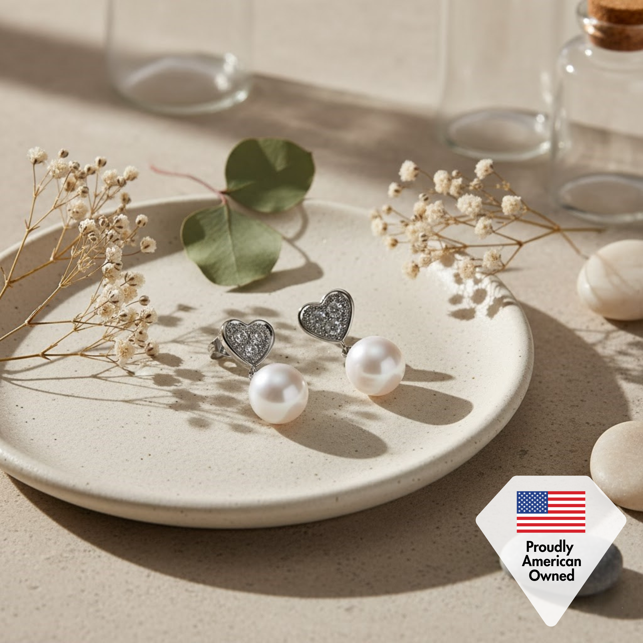 Kenley 18k 白金珍珠耳钉配心形施华洛世奇水晶