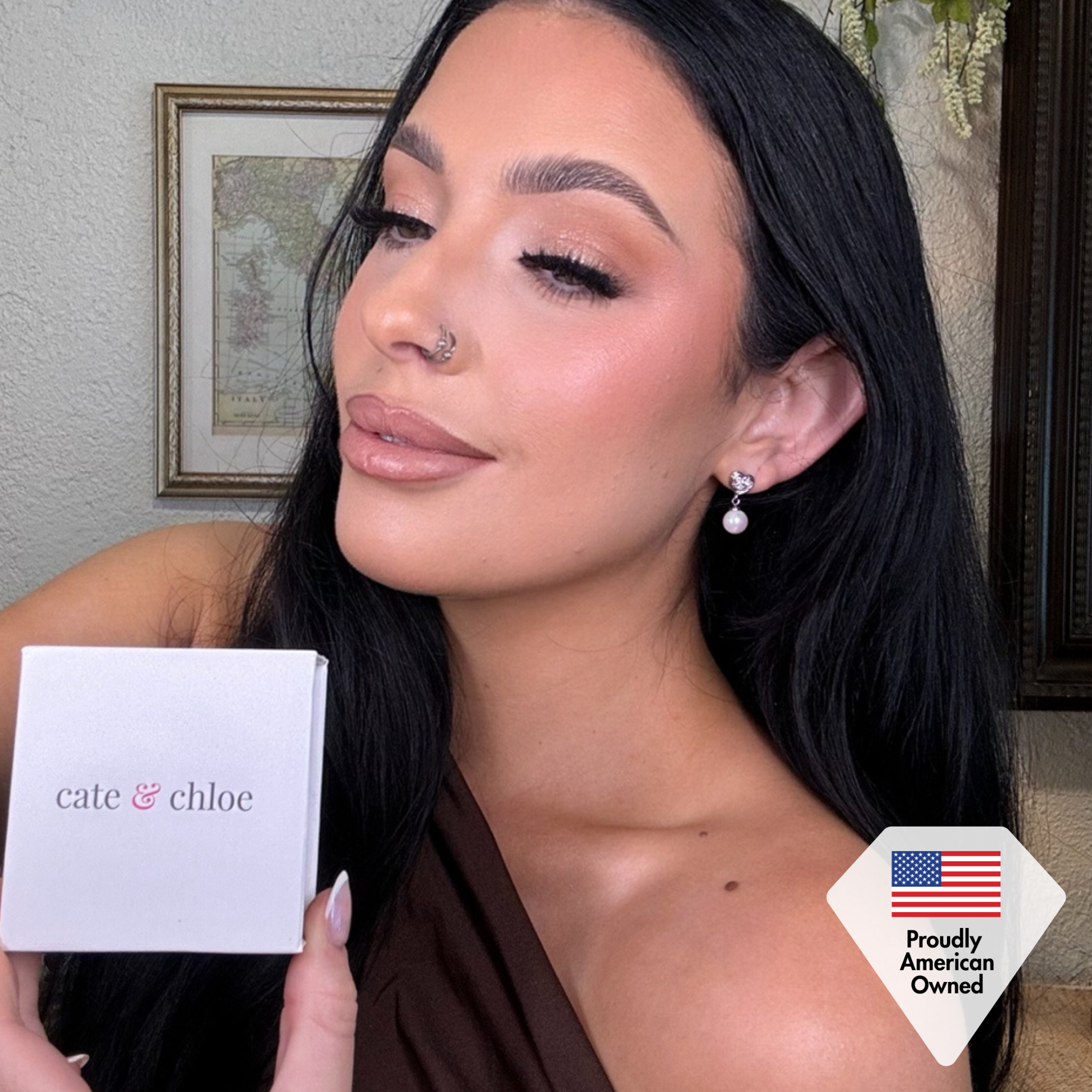 Kenley 18k 白金珍珠耳钉配心形施华洛世奇水晶