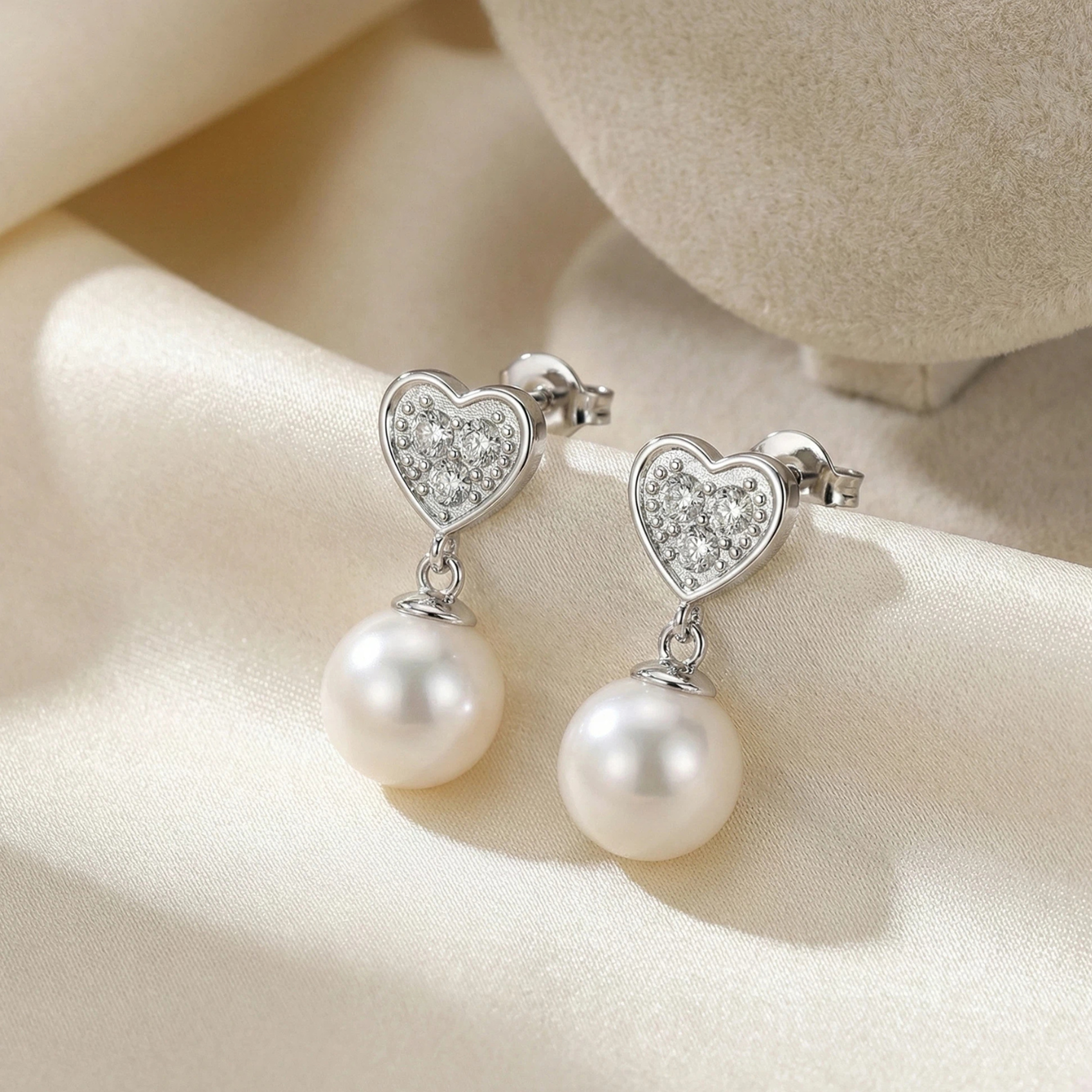 Kenley 18k White Gold Plated Heart Dangle Earrings with Pearls and Swarovski Crystals - Fab Fav