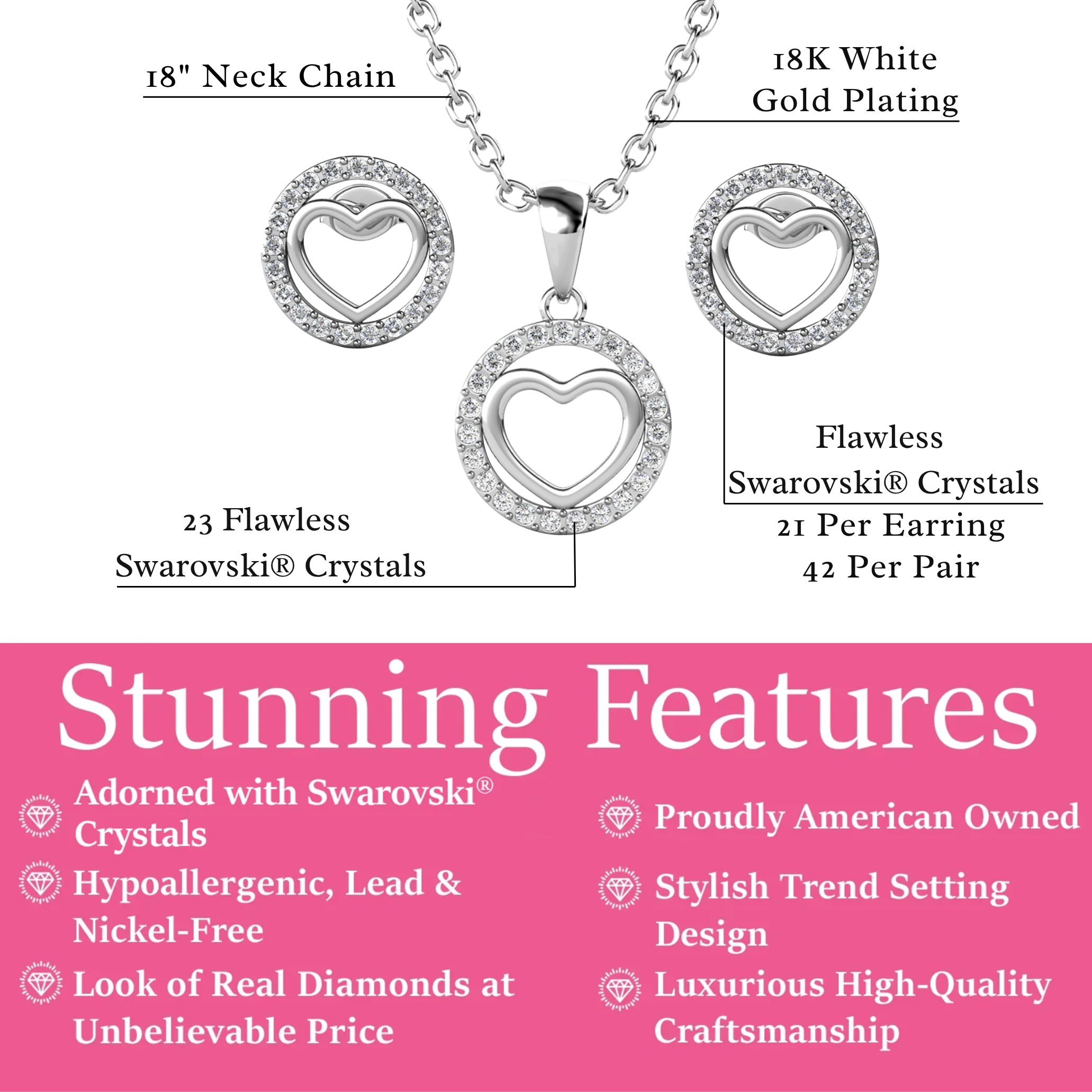 Khaleesi 18k White Gold Plated Silver Heart Necklace and Earring Set with Swarovski Crystals