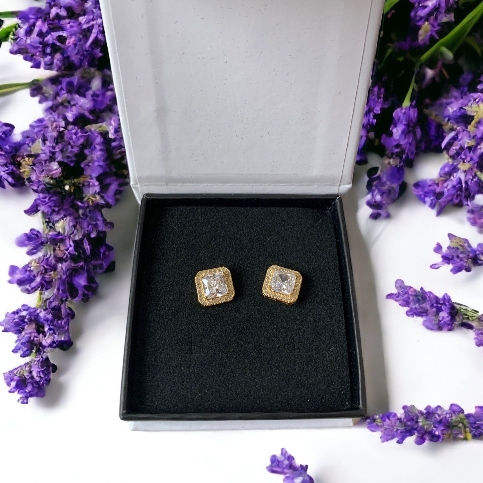 Norah 18k White Gold Plated Princess Cut Halo Stud Earrings with Simulated Diamond Crystals