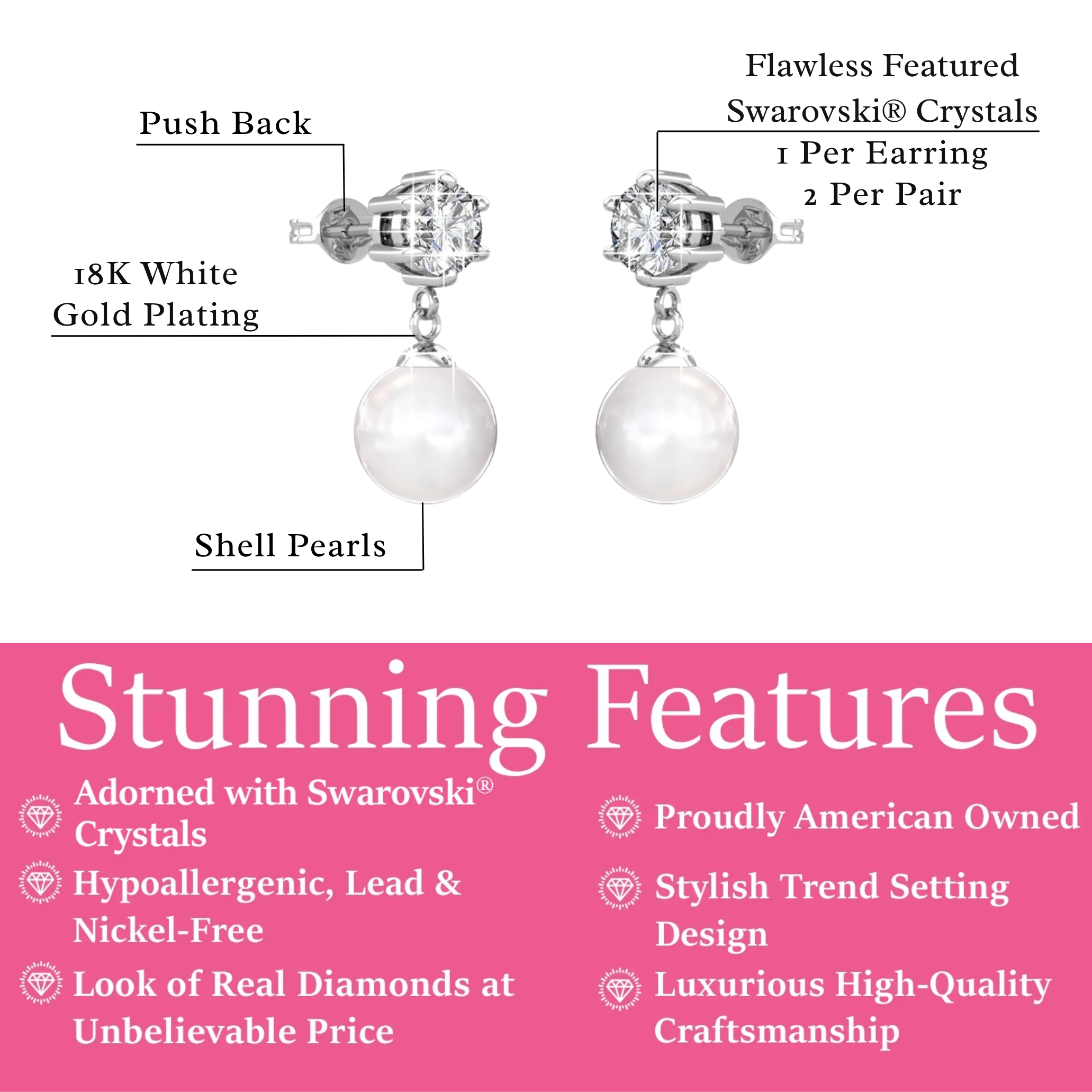 Kyra 18k White Gold Plated Pearl Drop Earrings with Swarovski Crystals