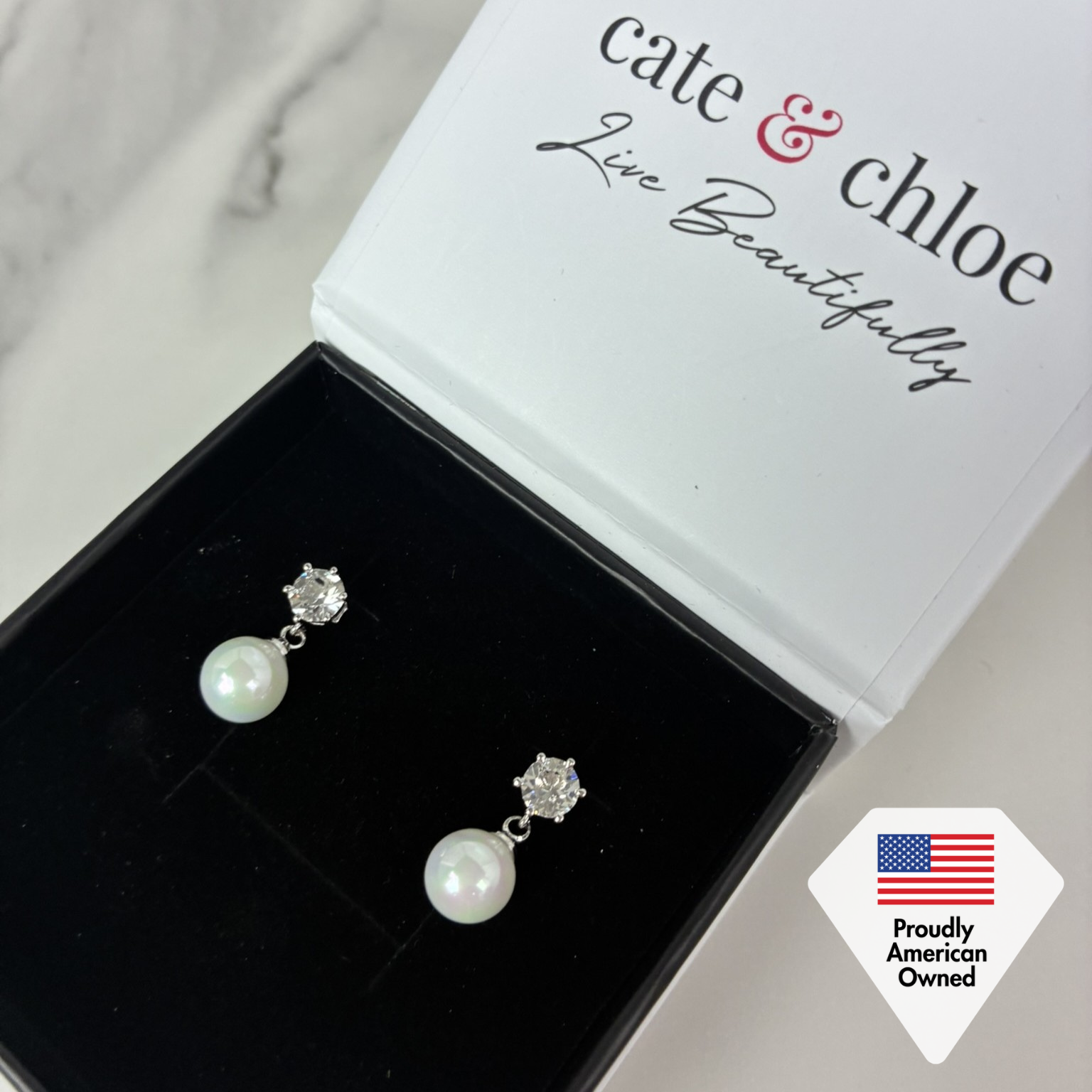 Kyra 18k White Gold Plated Pearl Drop Earrings with Swarovski Crystals - FAB FAV