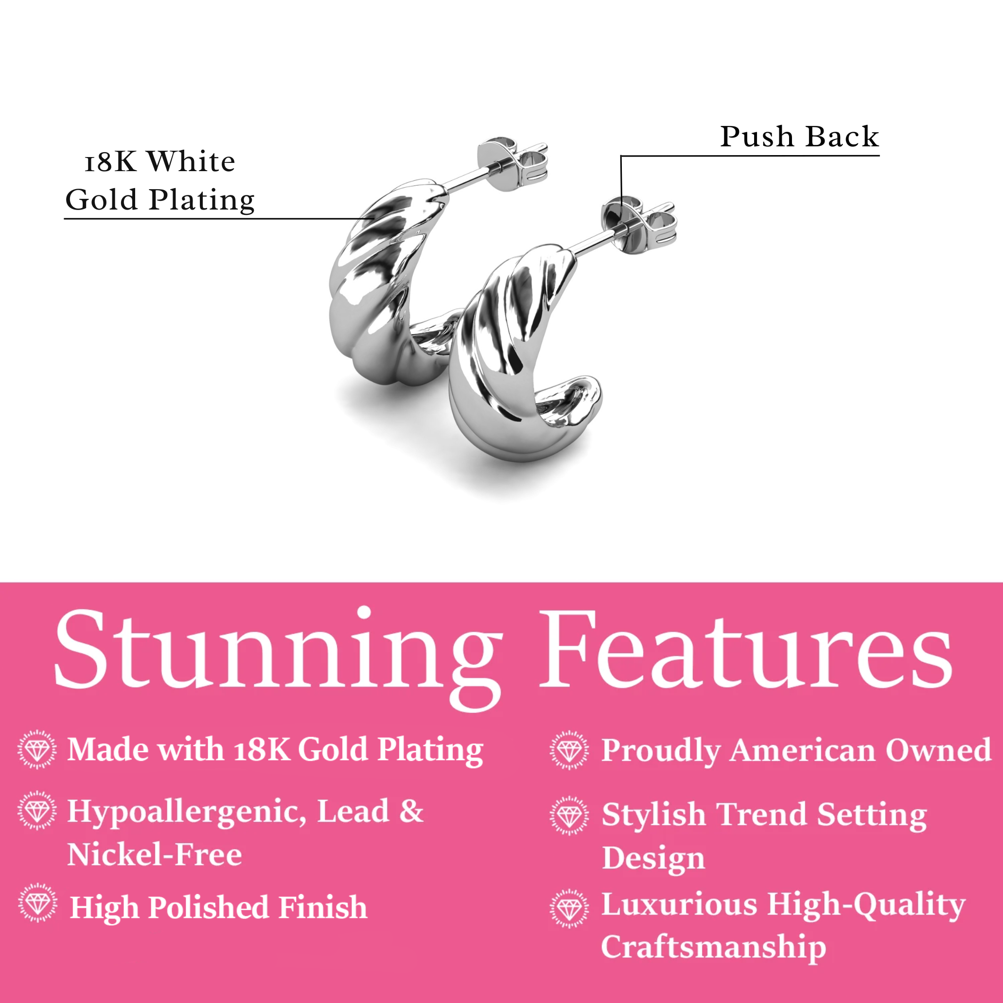 Lakelynn 18k White Gold Plated 24mm Twisted Semi-Hoop Earrings for Women
