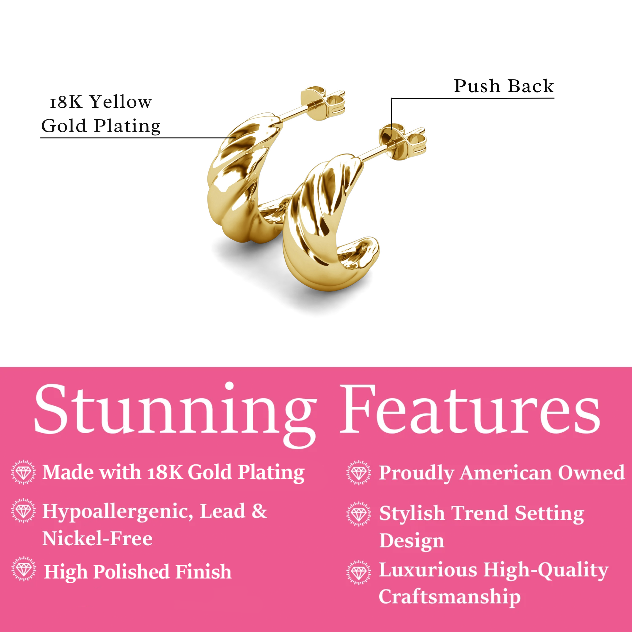 Lakelynn 18k White Gold Plated 24mm Twisted Semi-Hoop Earrings for Women