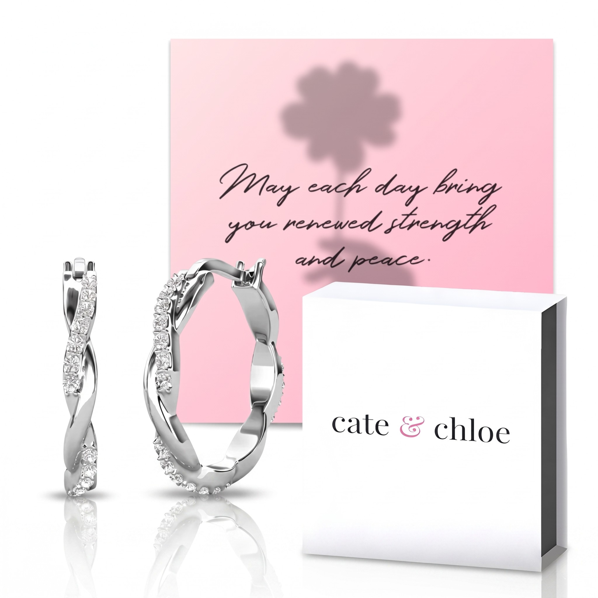 Lauren 18k White Gold Plated 22mm Hoop Earrings & Strength and Peace Shadow Card
