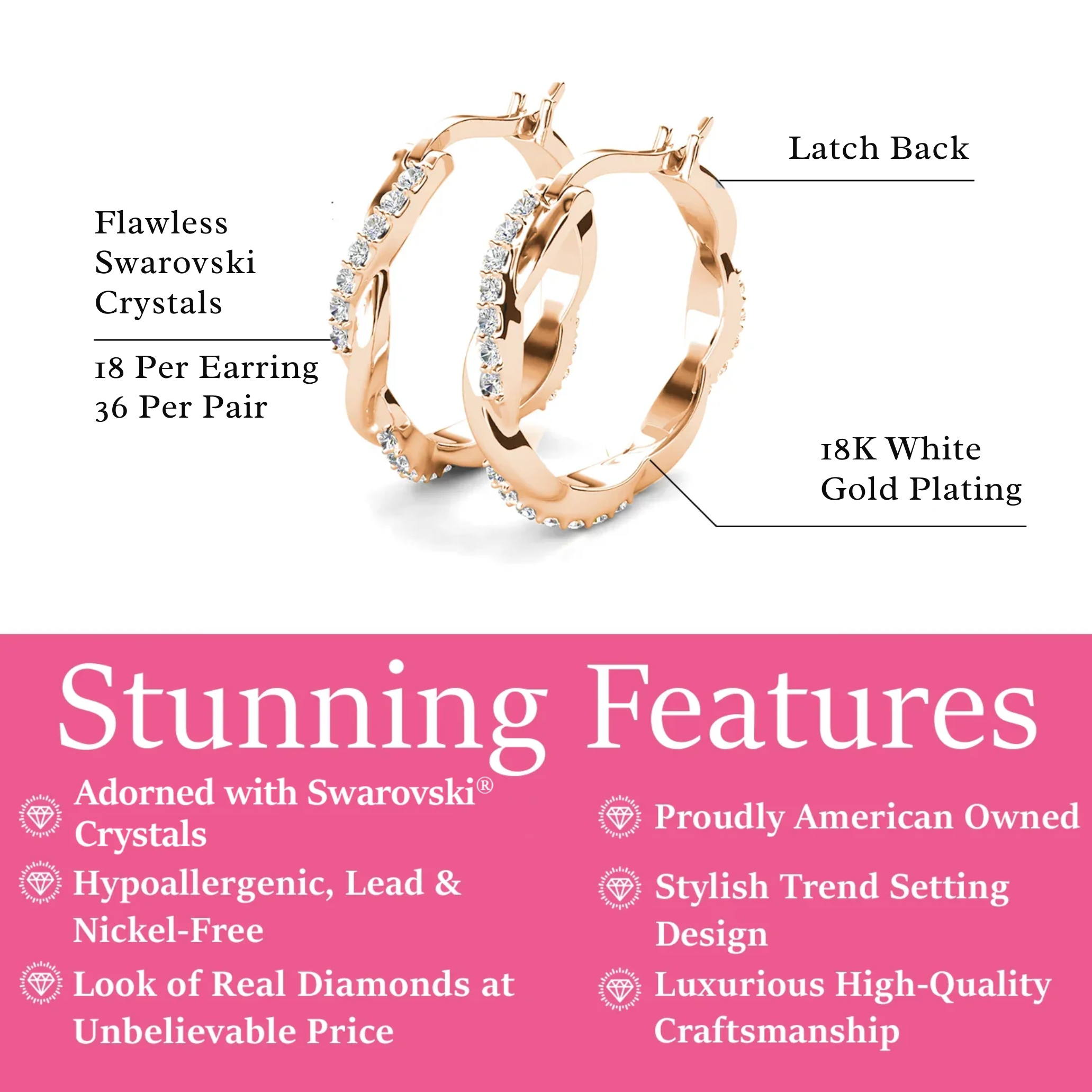 Lauren 18k White Gold Plated 22mm Twisted Hoop Earrings with Swarovski Crystals
