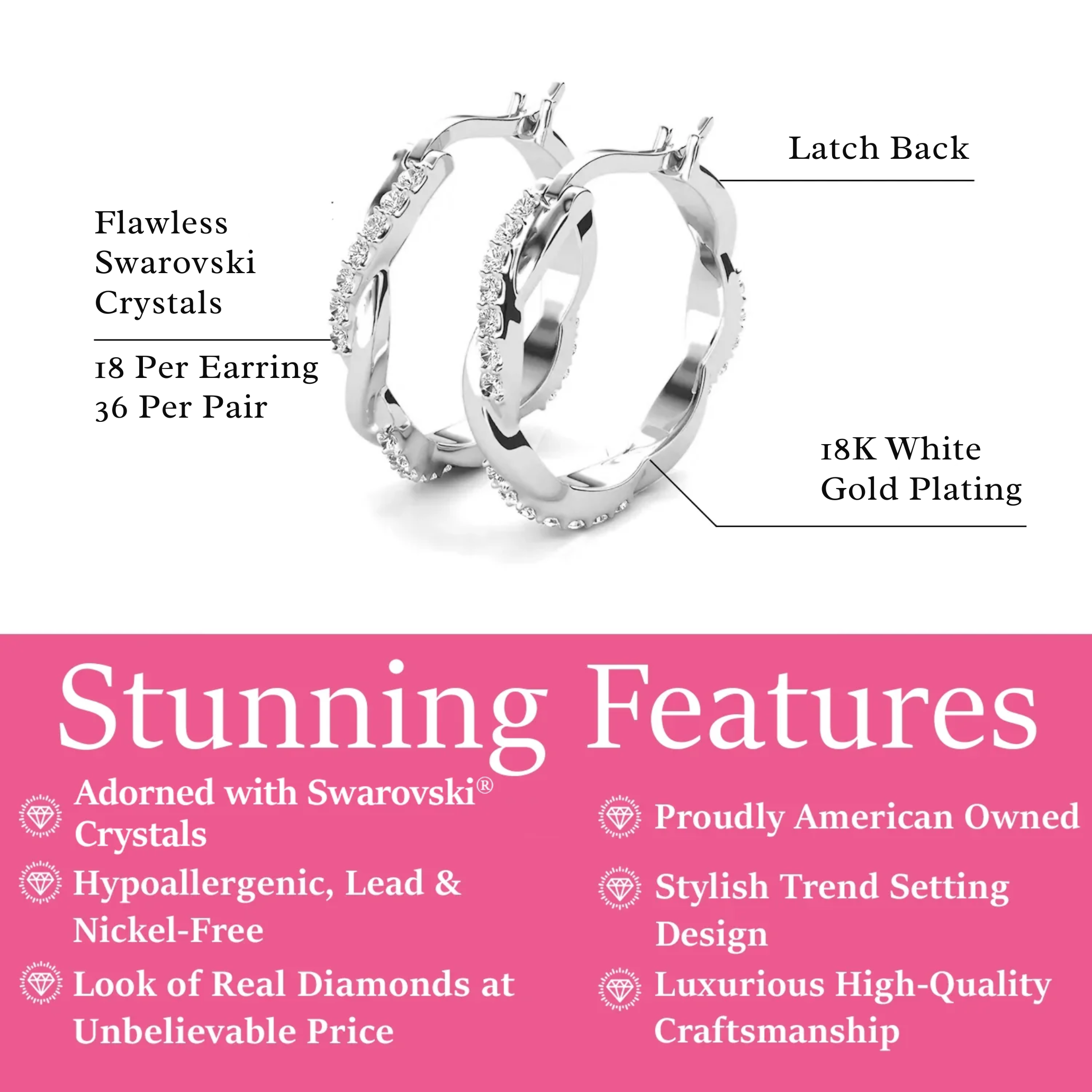 Lauren 18k White Gold Plated 22mm Twisted Hoop Earrings with Swarovski Crystals