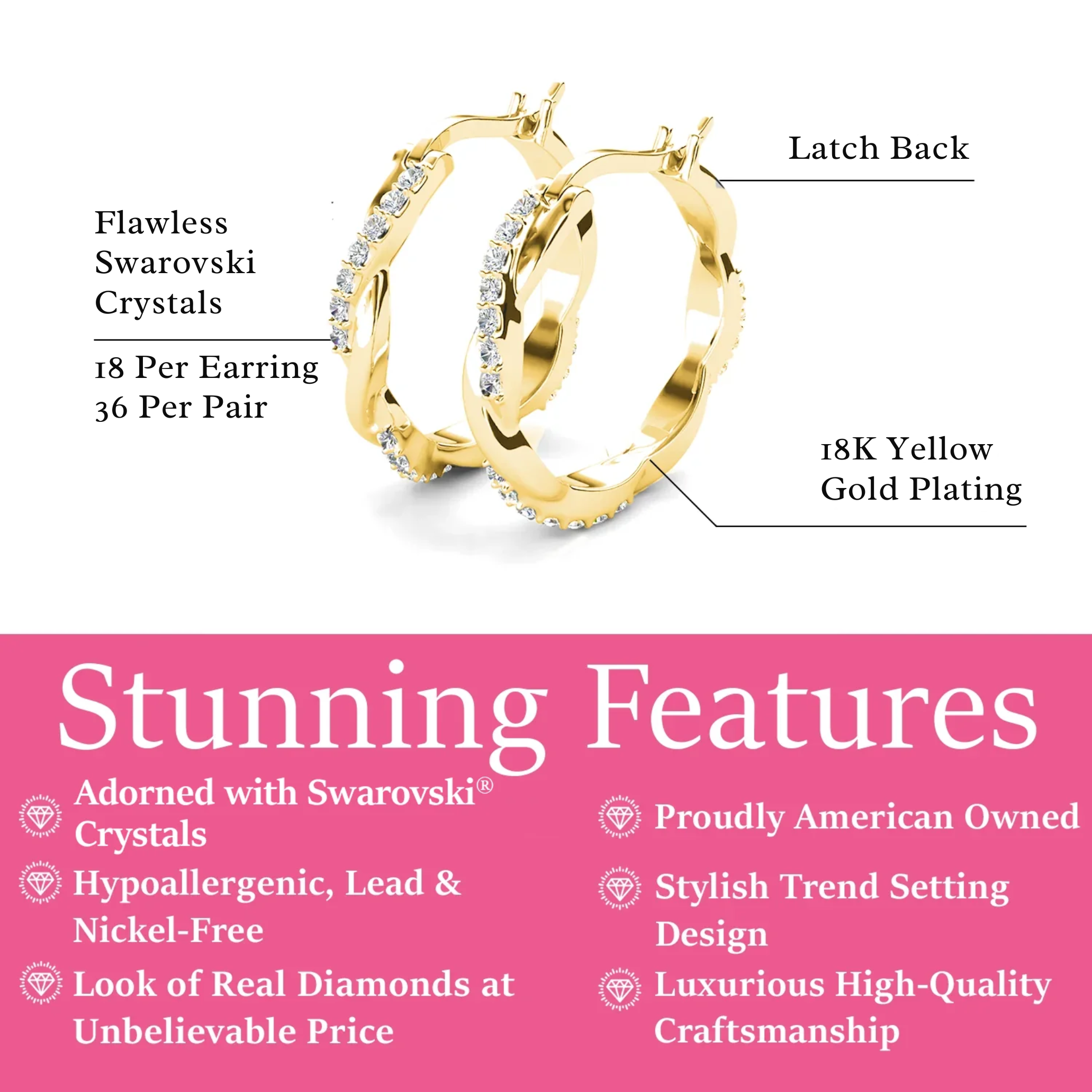 Lauren 18k White Gold Plated 22mm Twisted Hoop Earrings with Swarovski Crystals