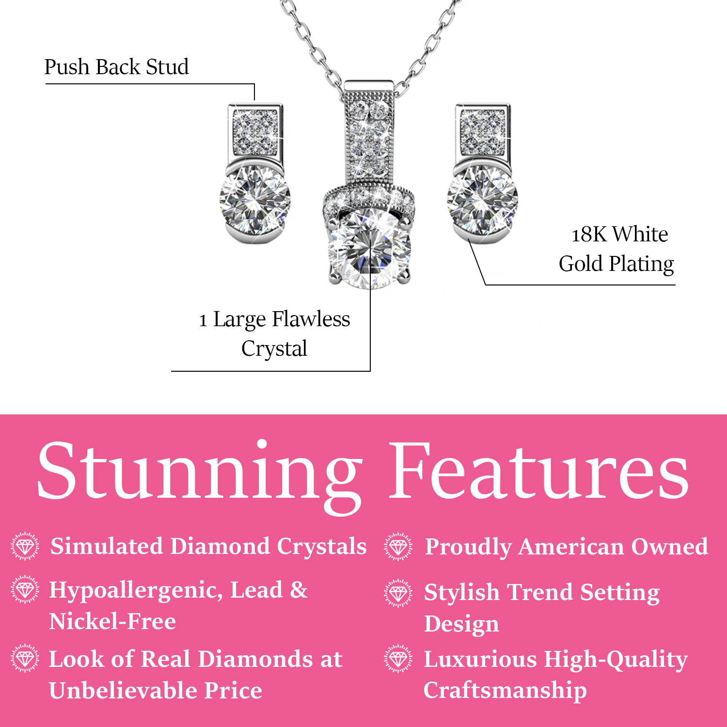 Laya 18k White Gold Pendant Necklace and Earrings Jewelry Set with Swarovski Crystals