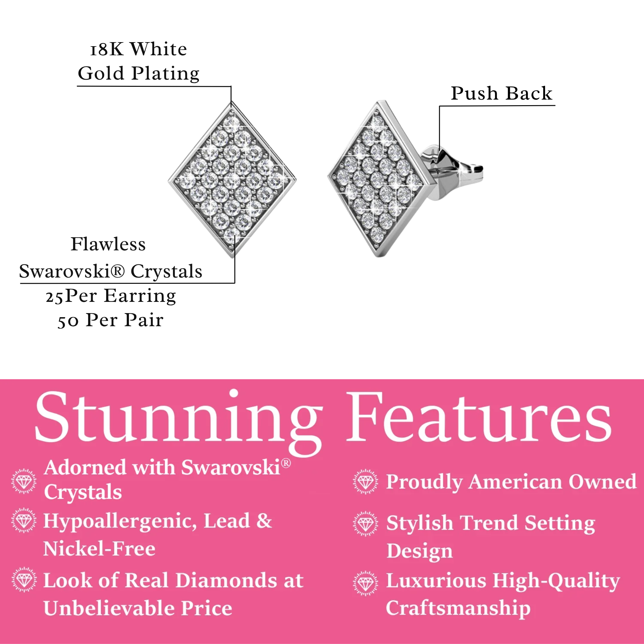 Lennon 18k White Gold Plated Diamond Shaped Stud Earrings with Swarovski Crystals