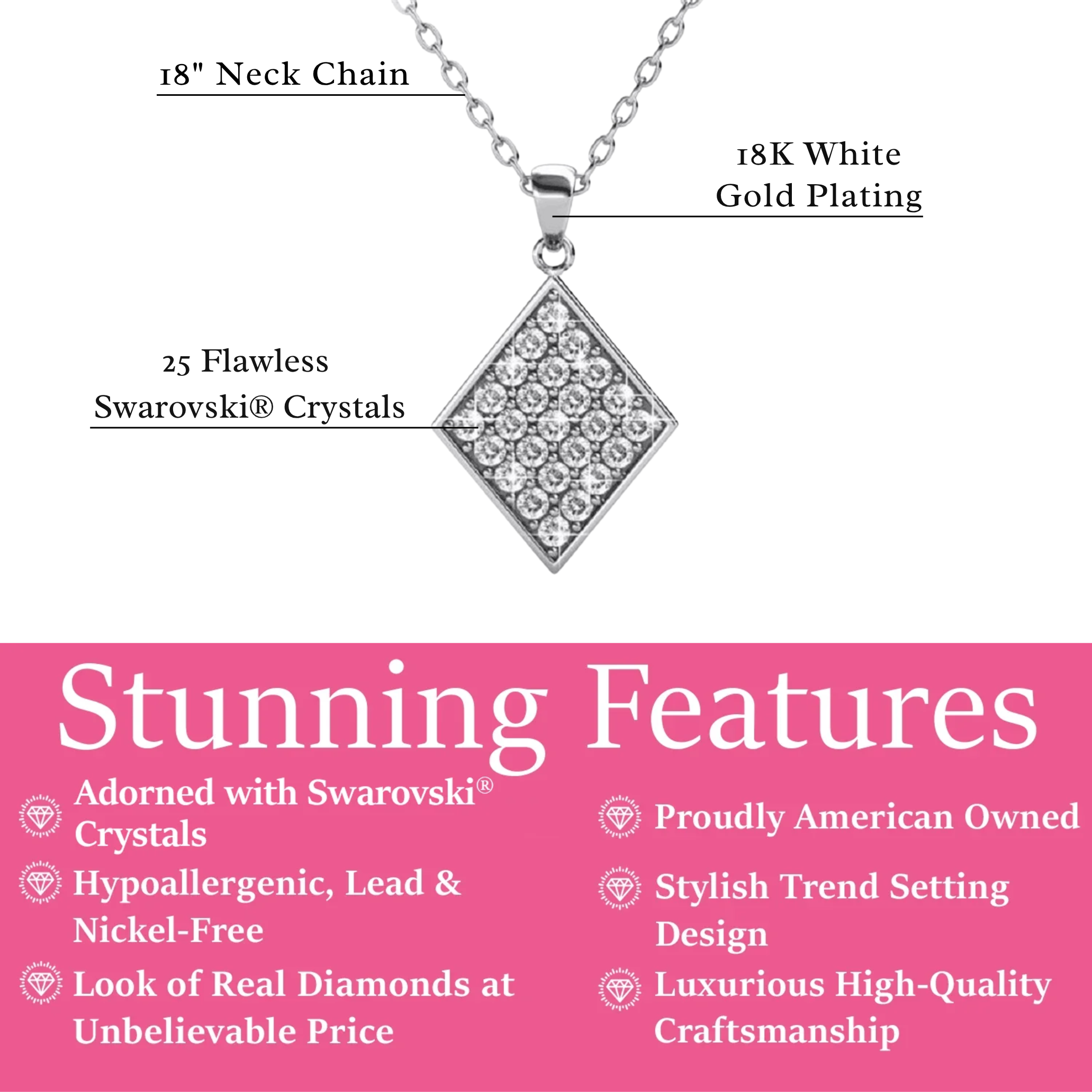 Lennon 18k White Gold Diamond Shaped Pendant Necklace with Swarovski Crystals