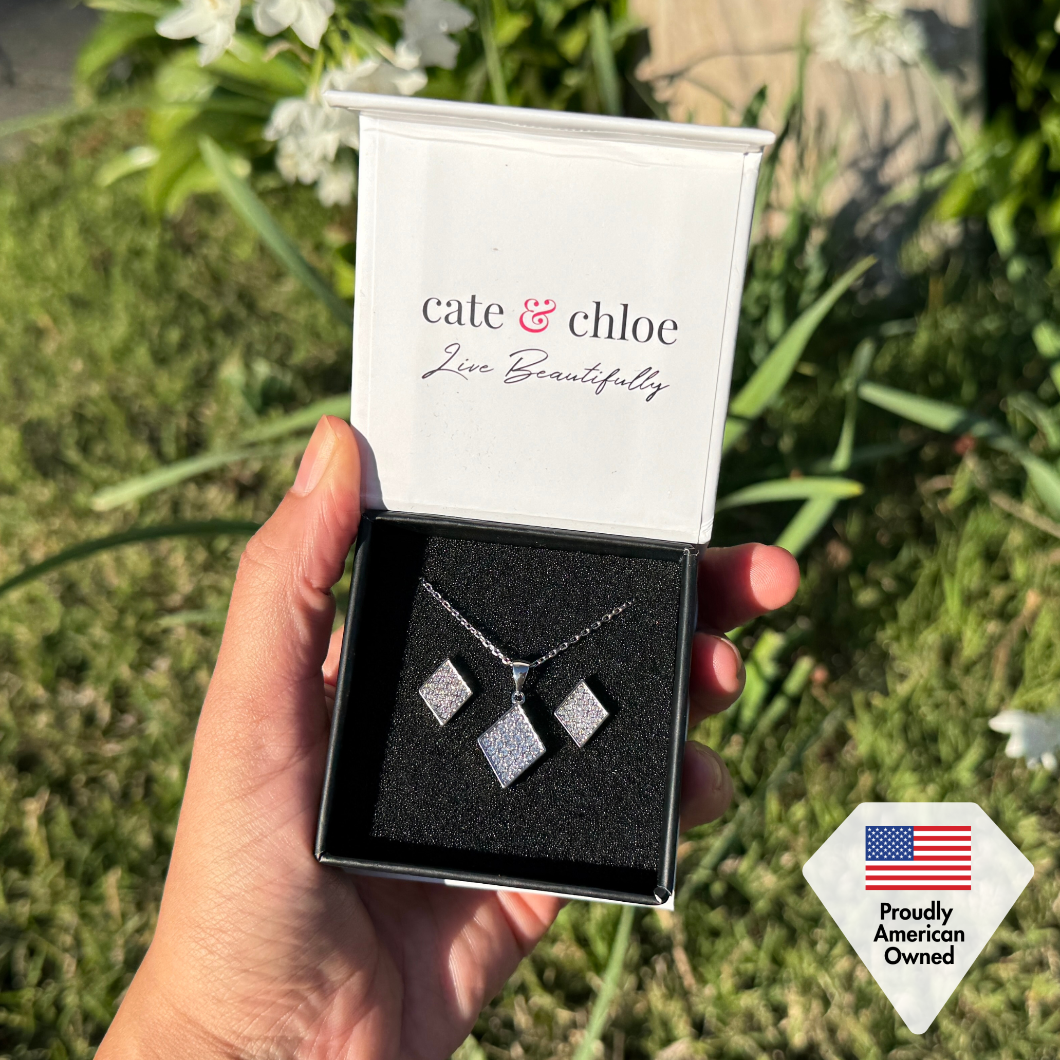 Lennon 18k White Gold Necklace and Stud Earrings Jewelry Set with Crystals