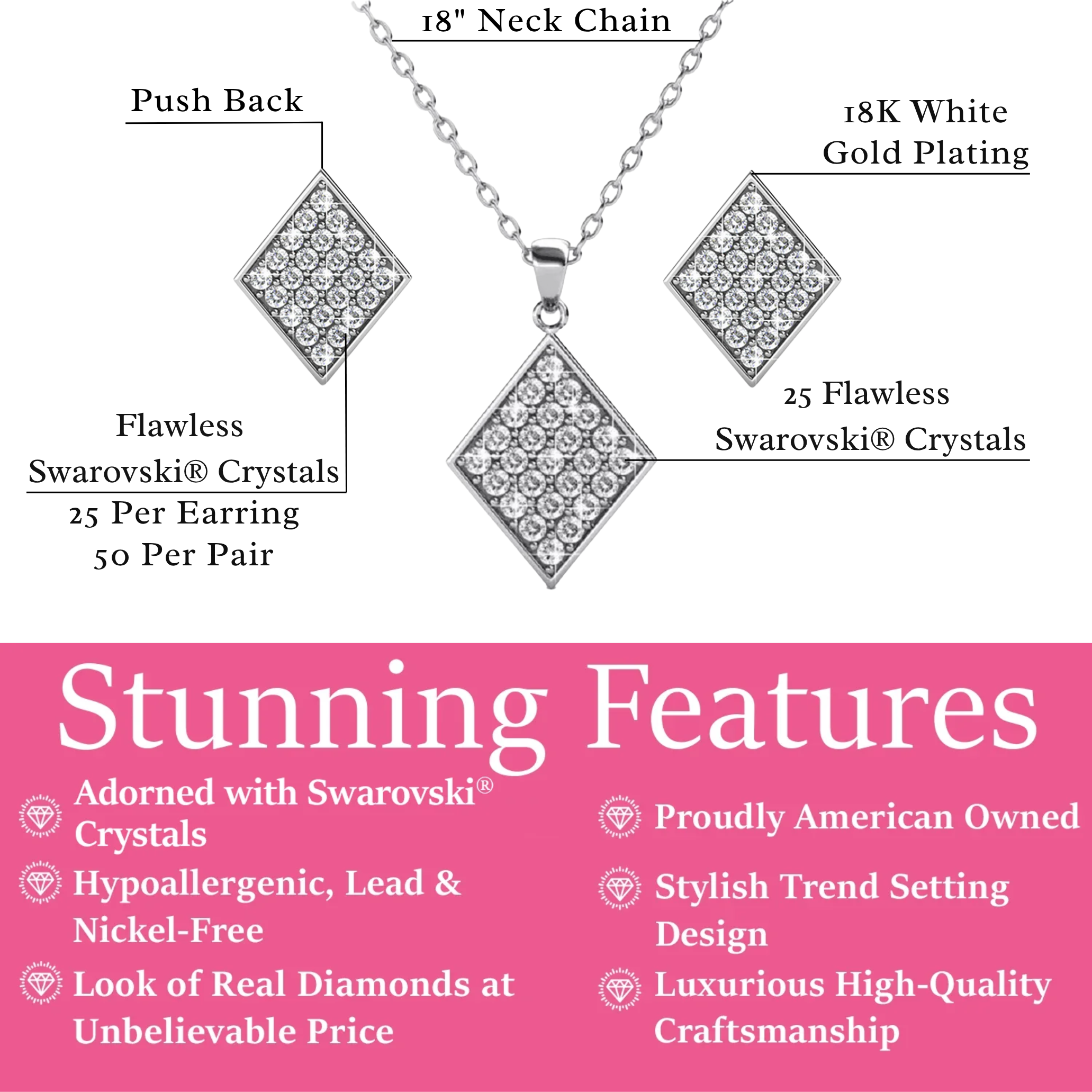 Lennon 18k White Gold Necklace and Stud Earrings Jewelry Set with Crystals