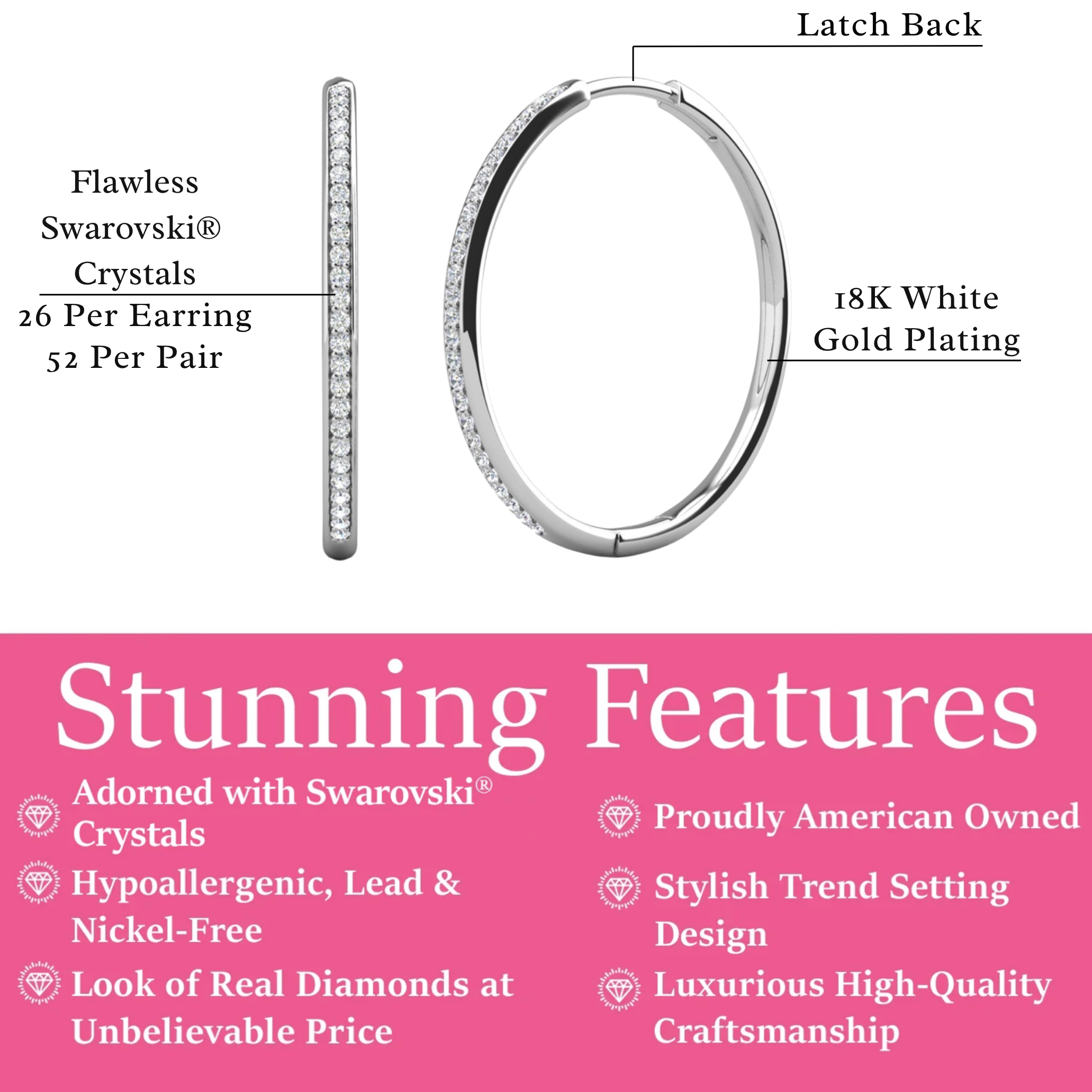 Leslie 18k White Gold Plated 14mm-40mm Hoop Earrings with Swarovski Crystals