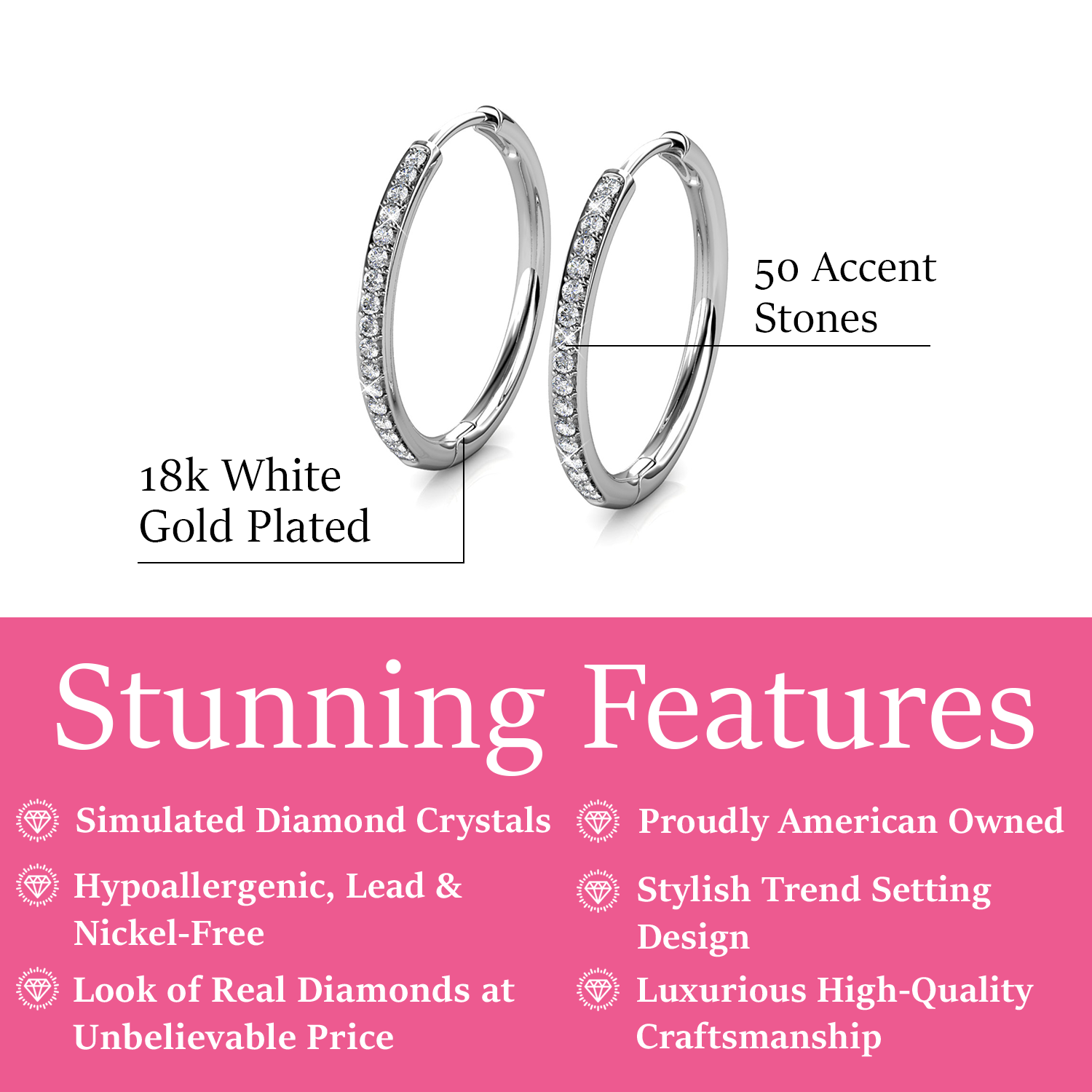Leslie 18k White Gold Plated Crystal Hoop Earrings for Women