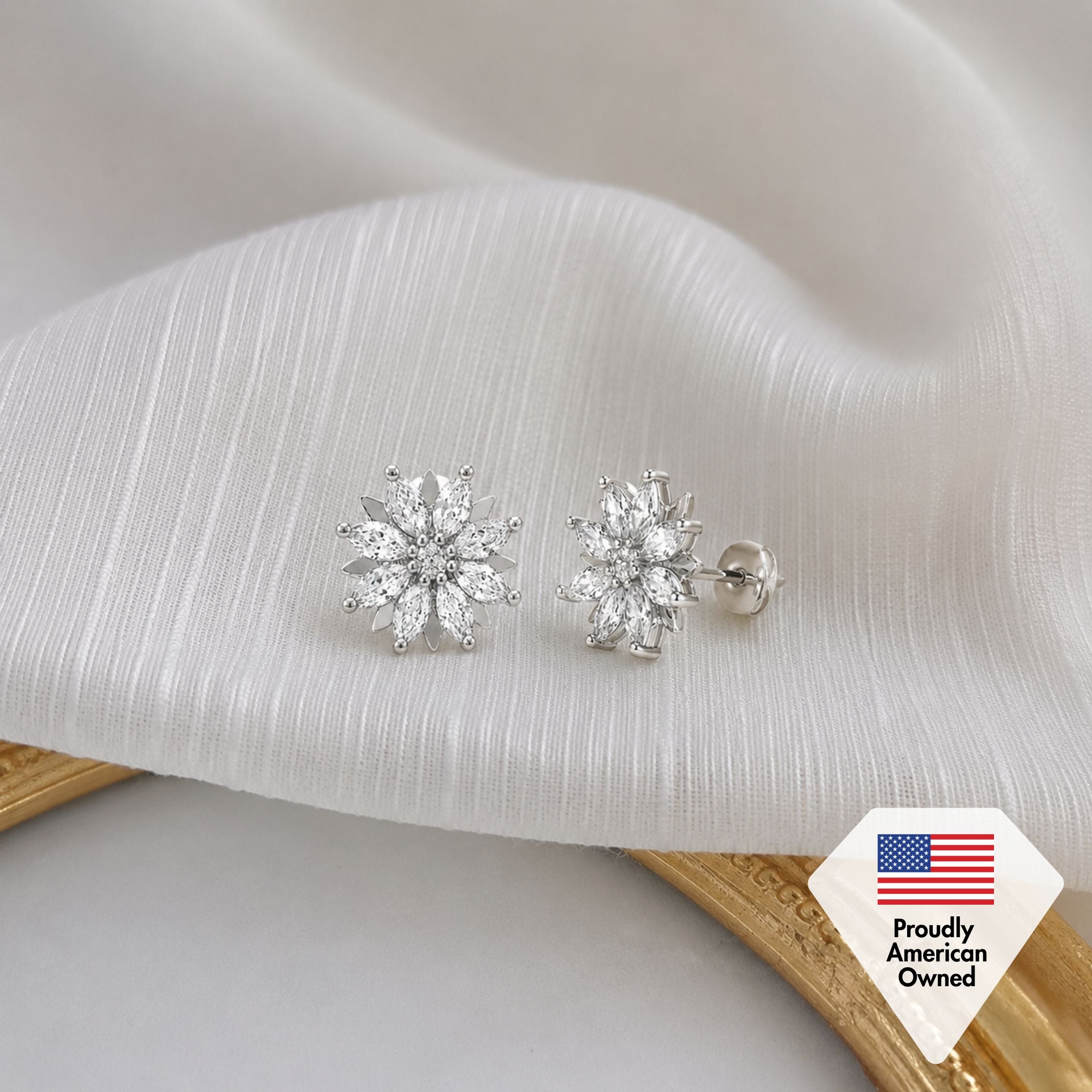 Lily 18k White Gold Plated Flower Stud Earrings with Simulated Diamond Crystals