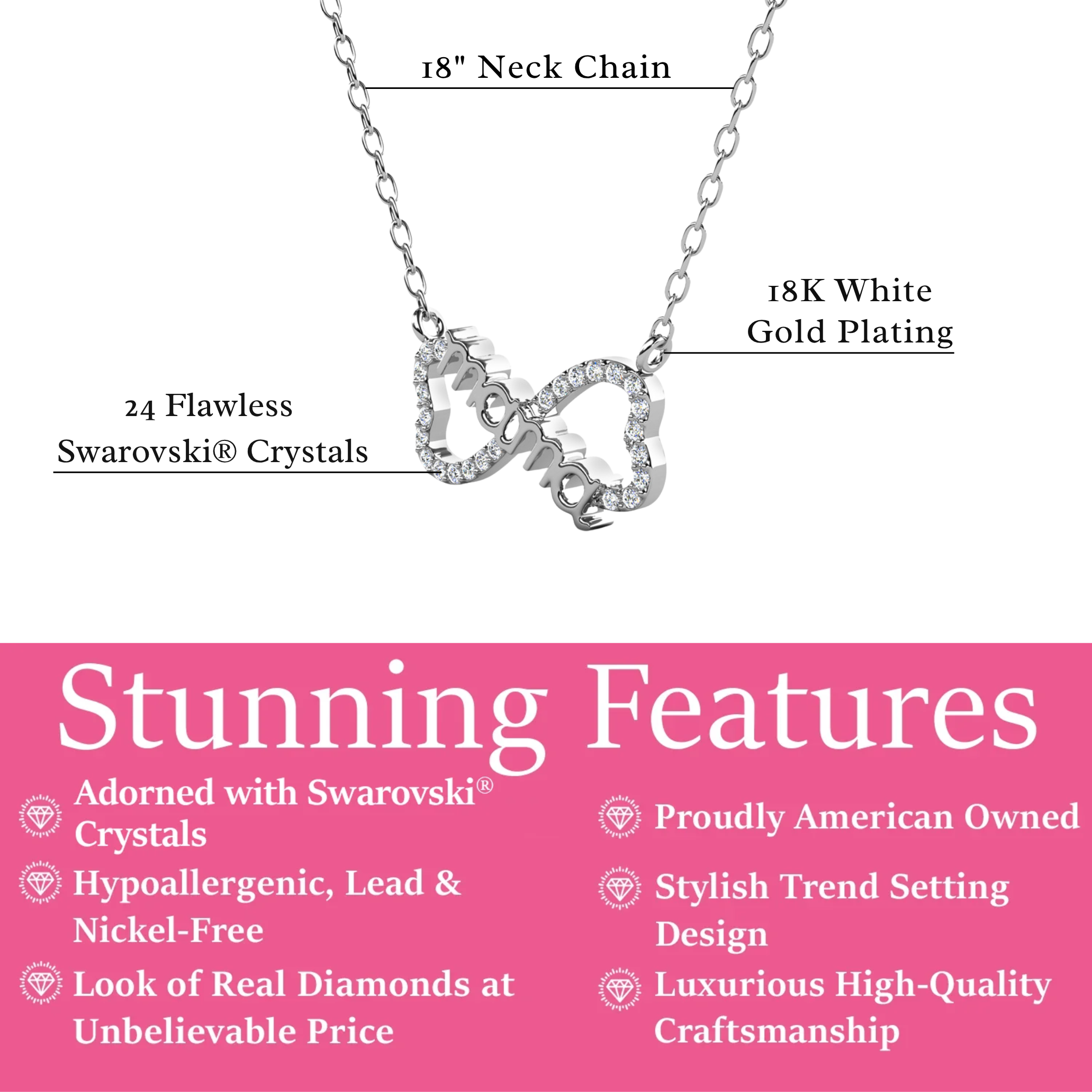 Lisa 18k White Gold Plated Infinity Necklace with Swarovski Crystals & Heartfelt Message for Mom
