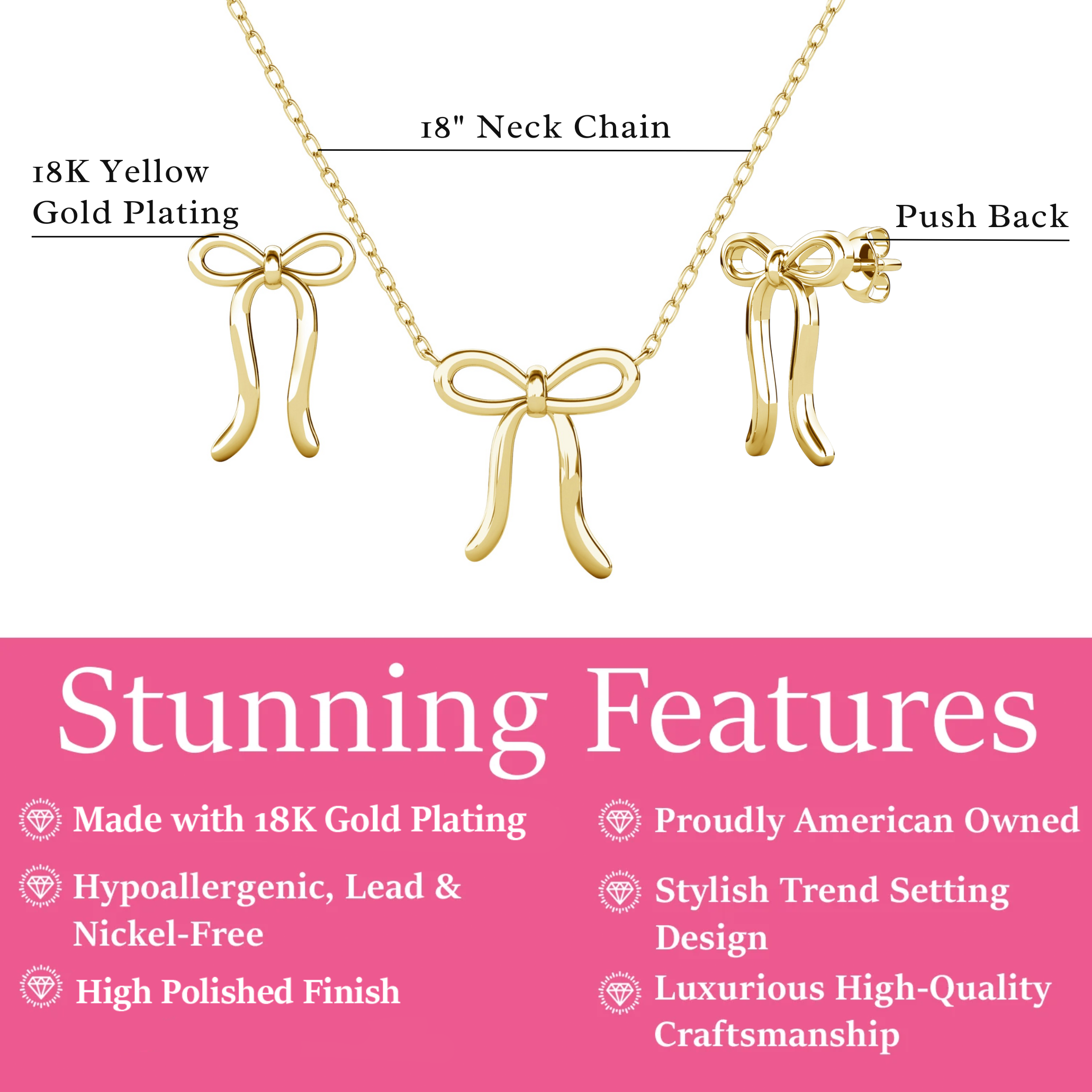 Lola 18k White Gold Plated Ribbon Drop Earrings and Necklace Jewelry Set