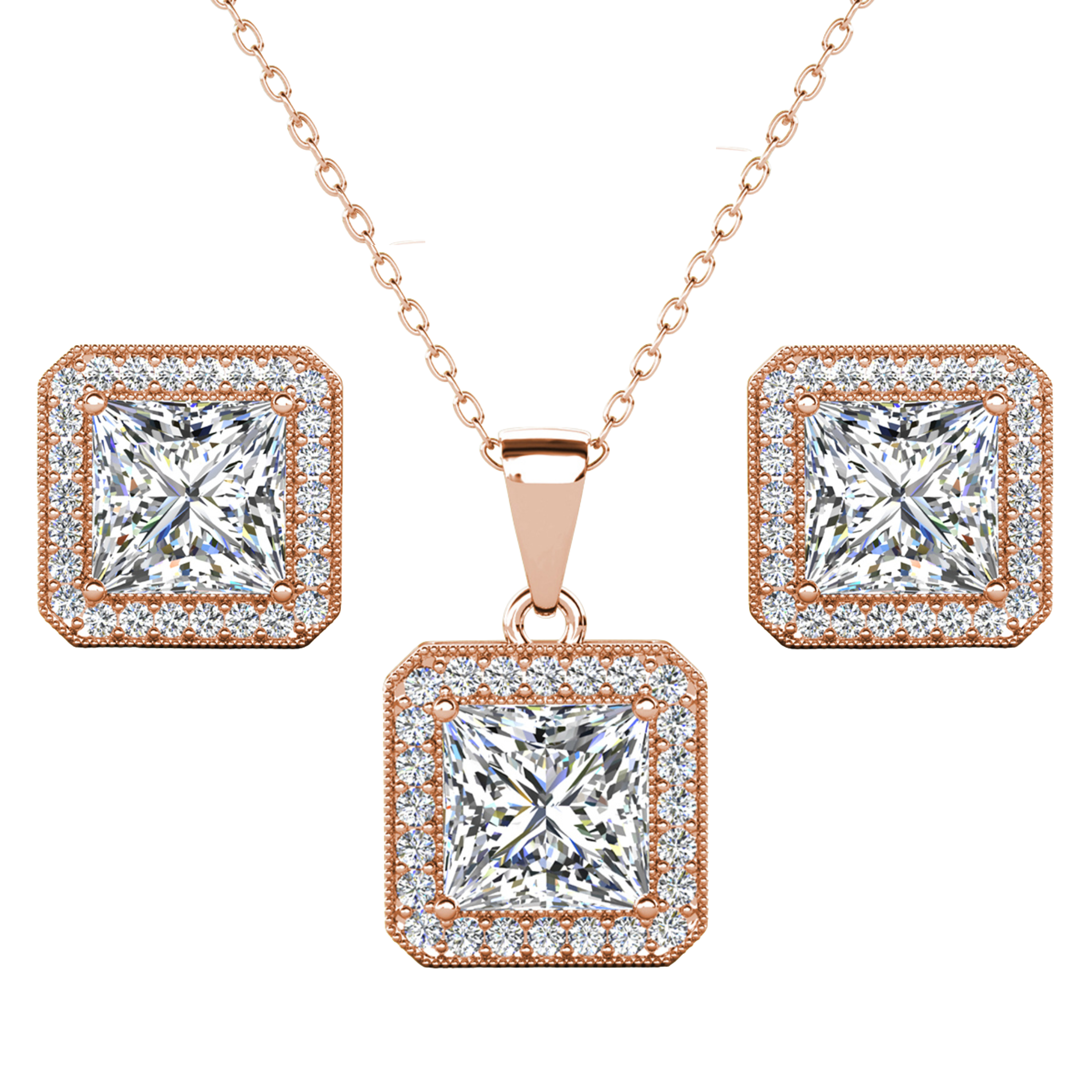 Londyn 18K White Gold Princess Cut Halo Necklace and Earrings Jewelry Set with Simulated Diamond Crystals