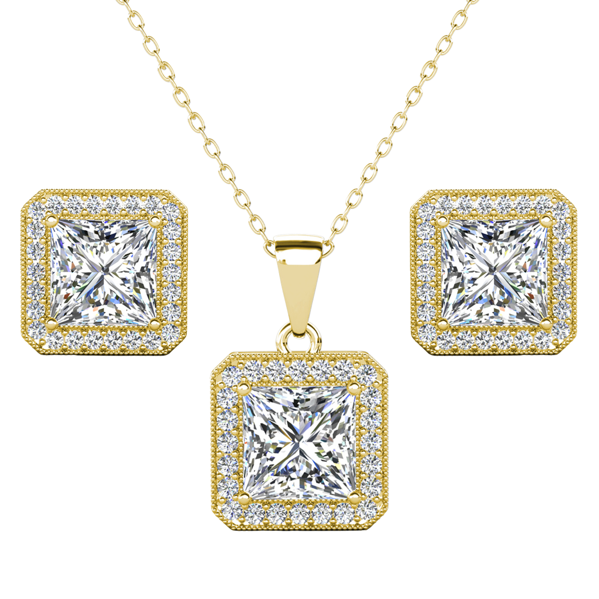 Londyn 18K White Gold Princess Cut Halo Necklace and Earrings Jewelry Set with Simulated Diamond Crystals