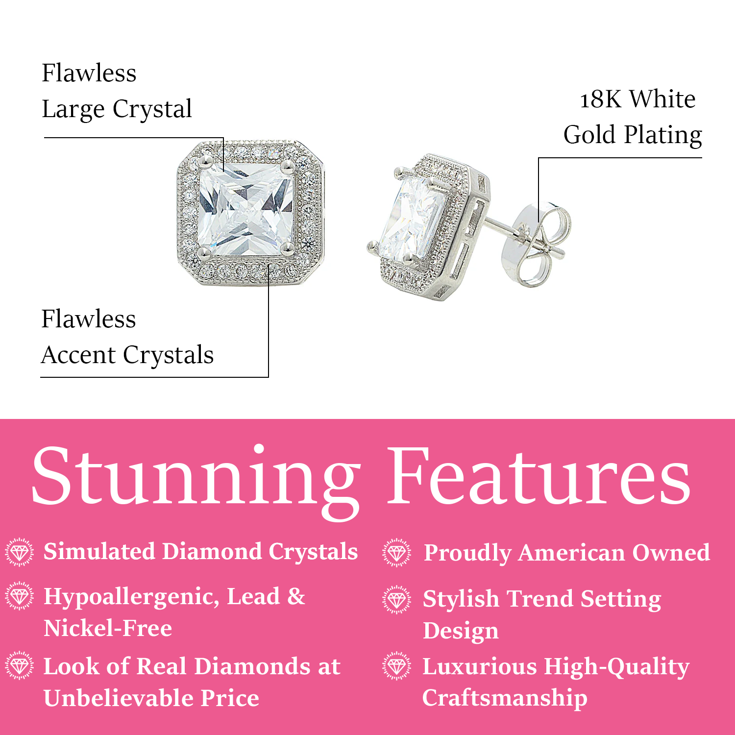 Londyn 18k White Gold Plated Princess Cut Halo Stud Earrings with Simulated Diamond Crystals