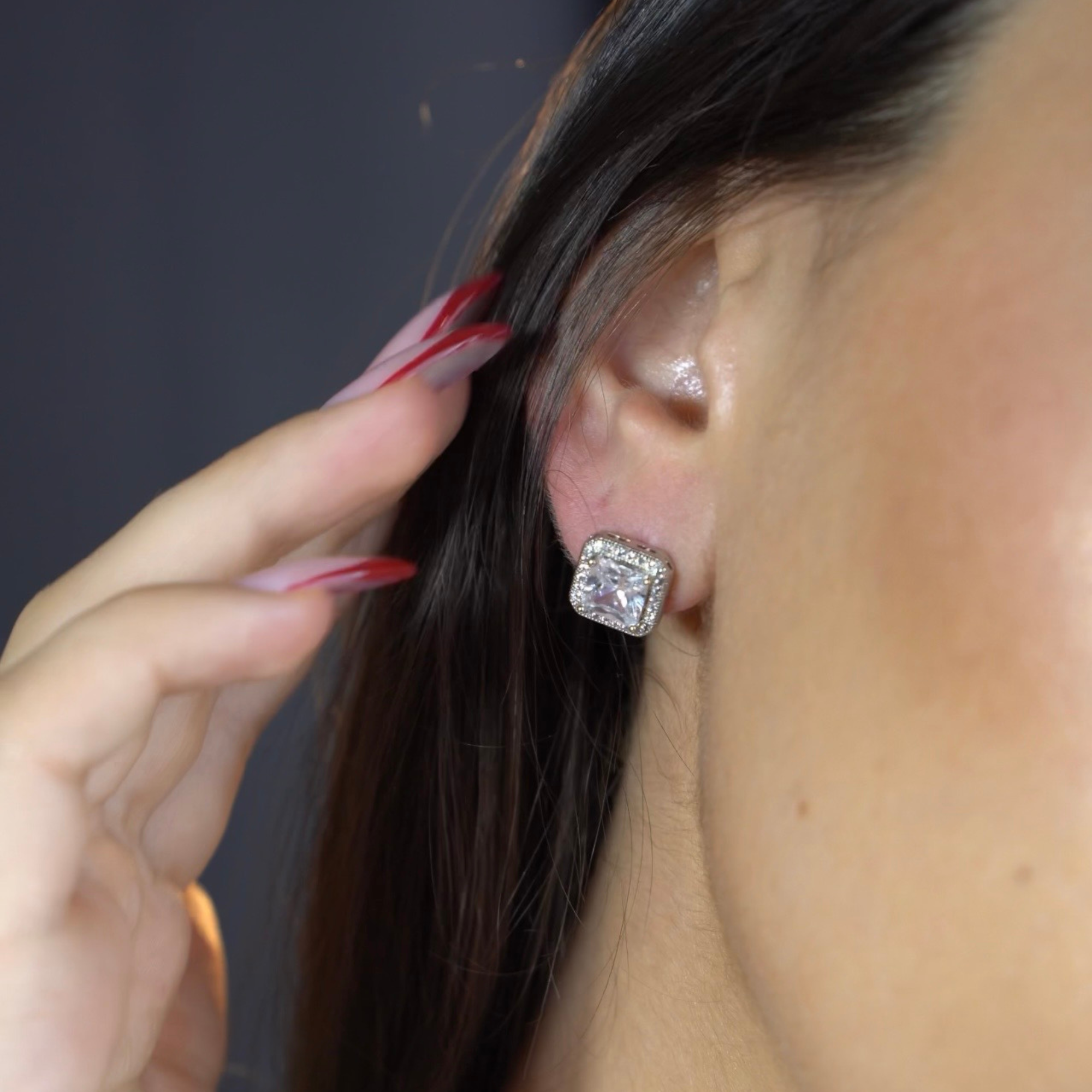 Londyn 18k White Gold Plated Princess Cut Halo Stud Earrings with Simulated Diamond Crystals — Fab Fav