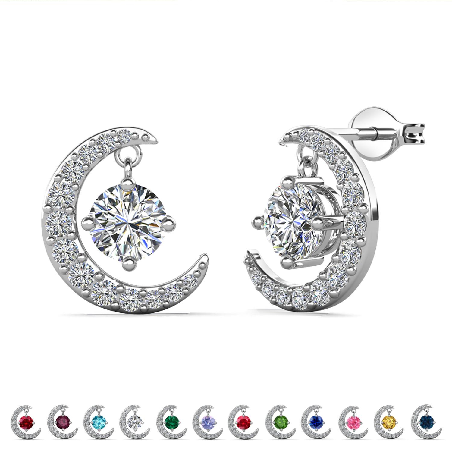 Luna Birthstone 18k White Gold Plated Crescent Stud Earrings with Round Cut Swarovski Crystals