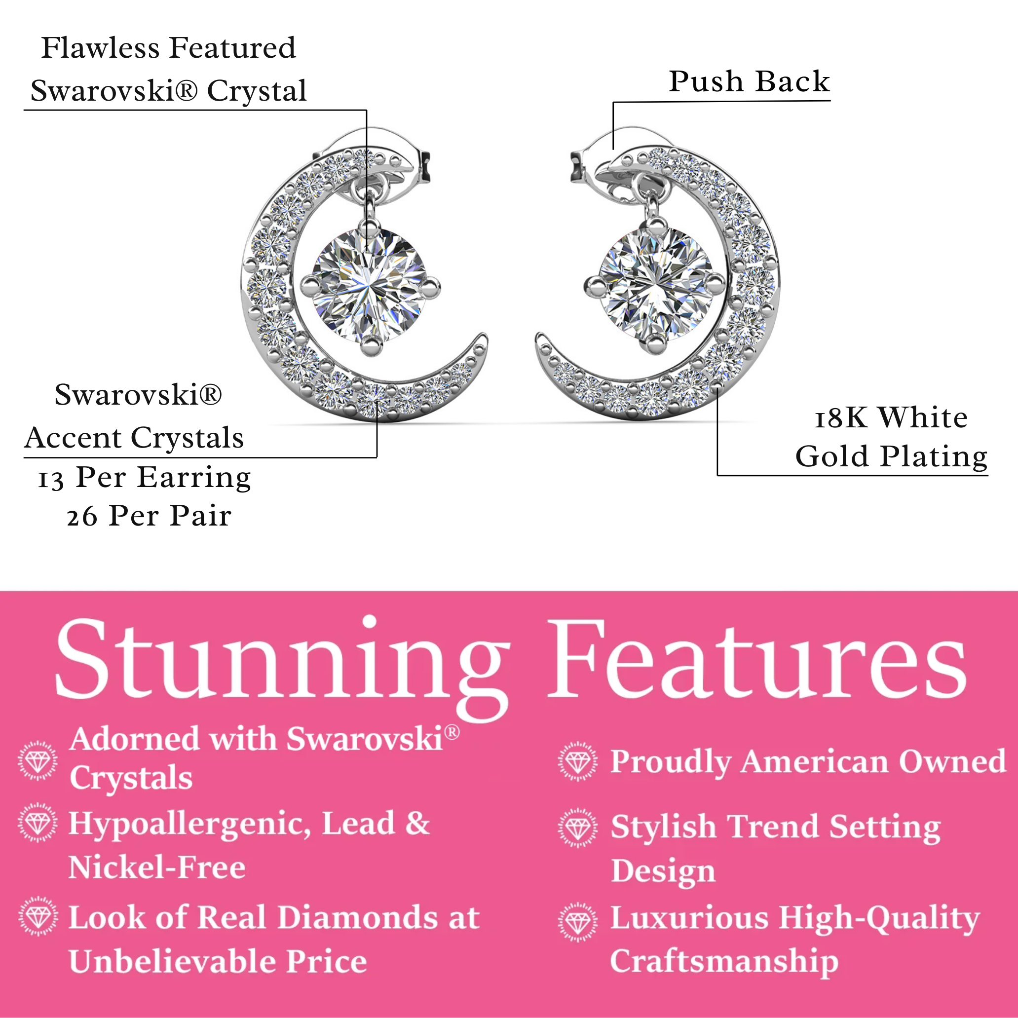 Luna 诞生石耳钉 18k 白金镀圆形切割水晶