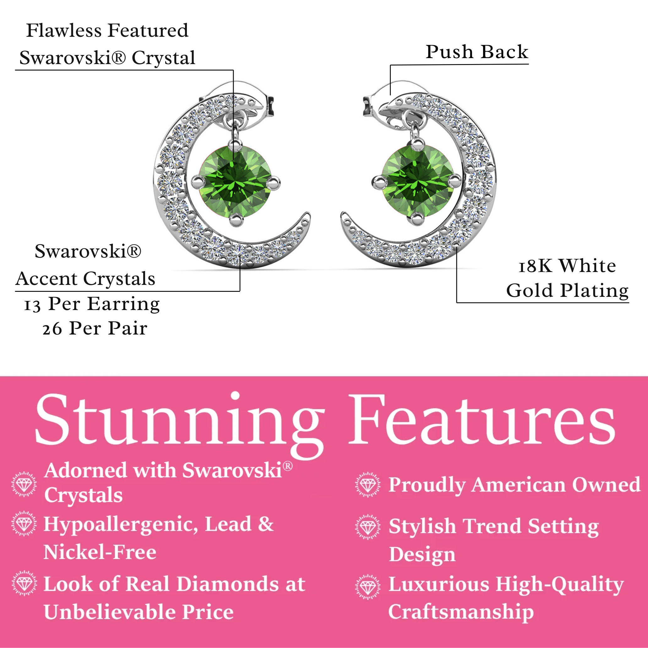 Luna 诞生石耳钉 18k 白金镀圆形切割水晶