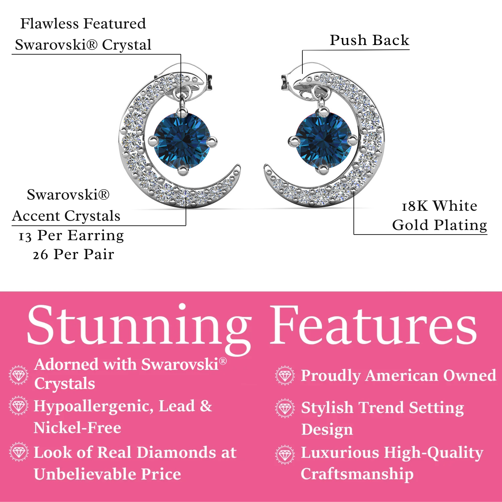 Luna 诞生石耳钉 18k 白金镀圆形切割水晶