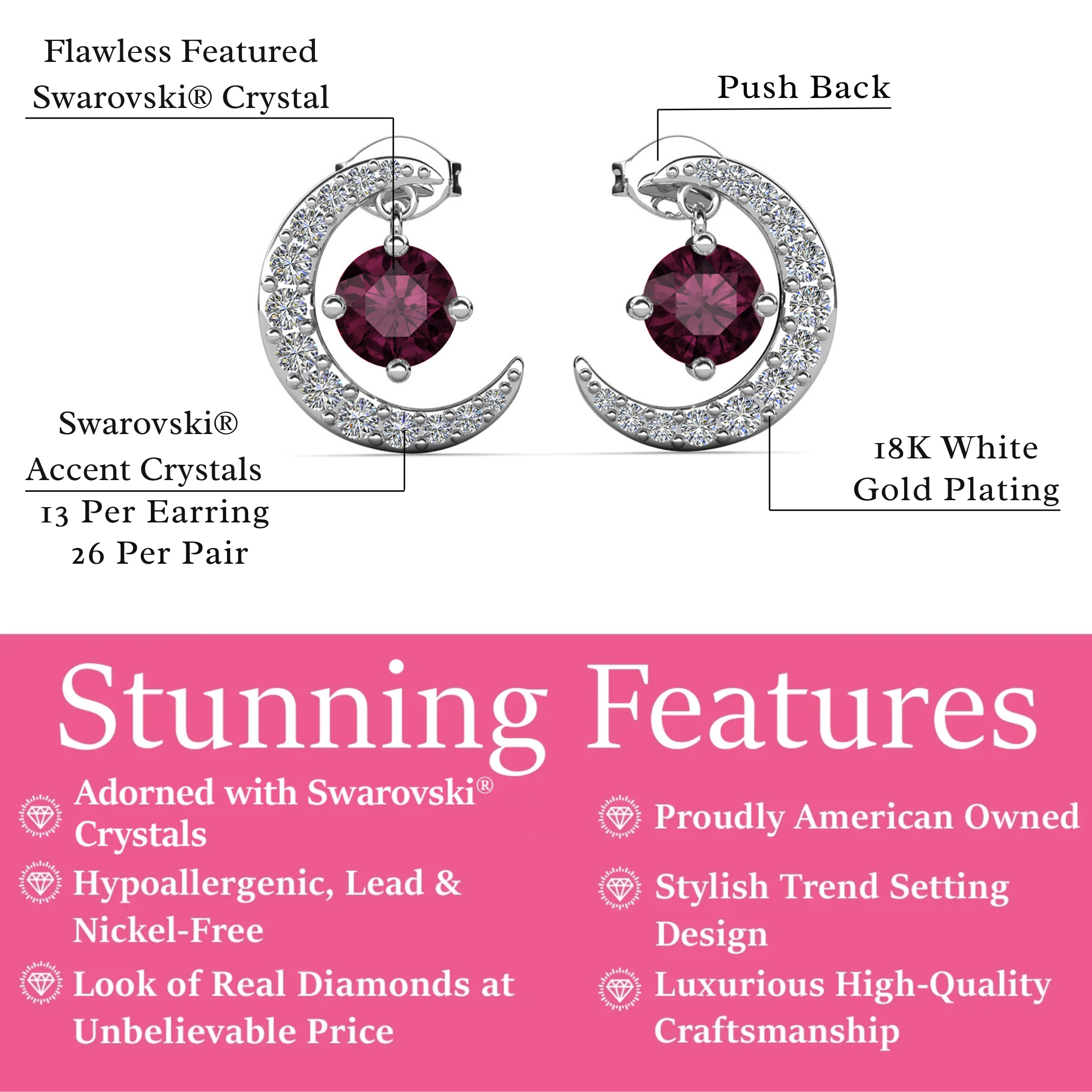 Luna 诞生石耳钉 18k 白金镀圆形切割水晶