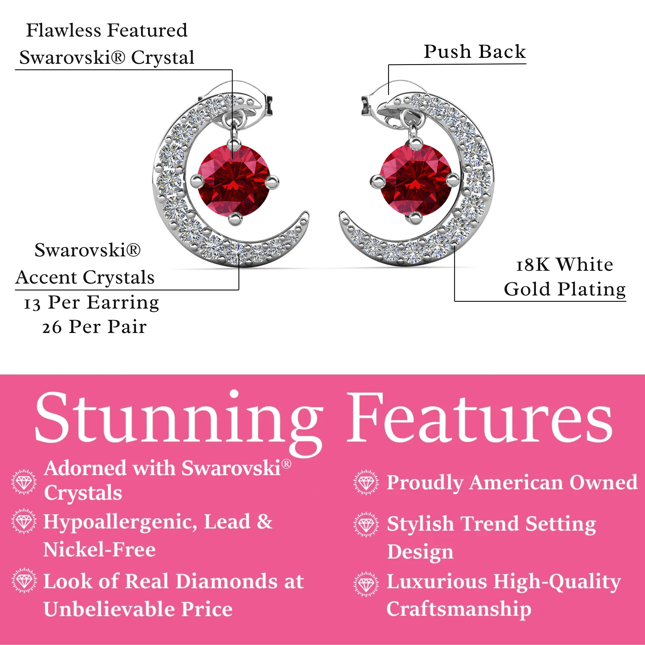 Luna 诞生石耳钉 18k 白金镀圆形切割水晶