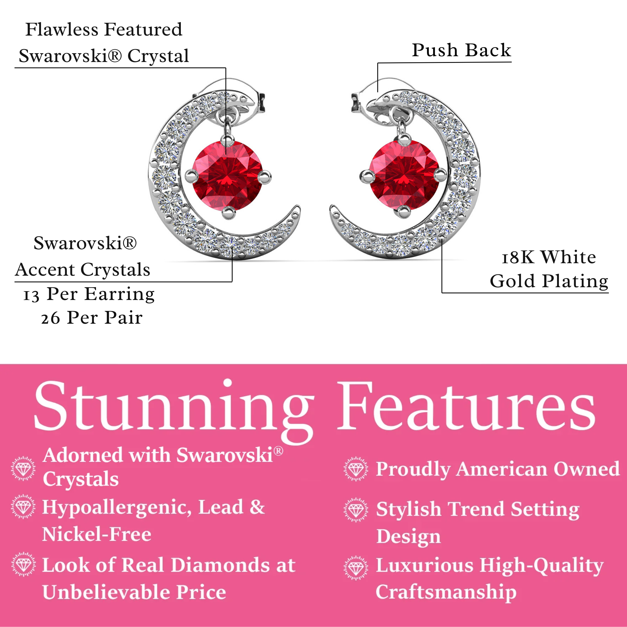 Luna 诞生石耳钉 18k 白金镀圆形切割水晶