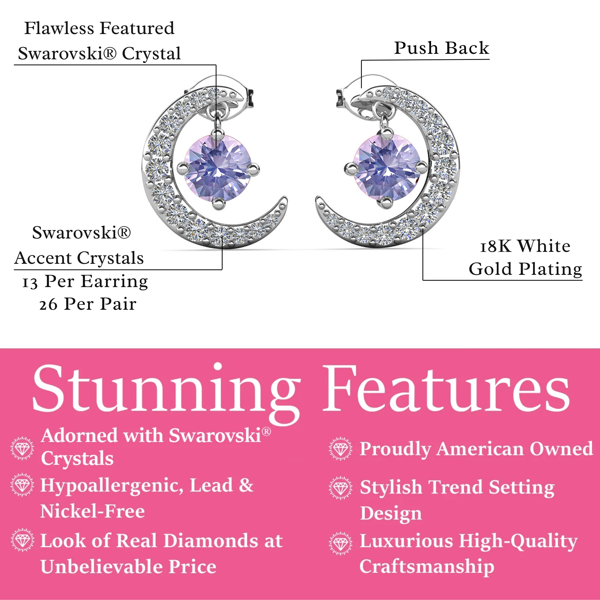 Luna 诞生石耳钉 18k 白金镀圆形切割水晶