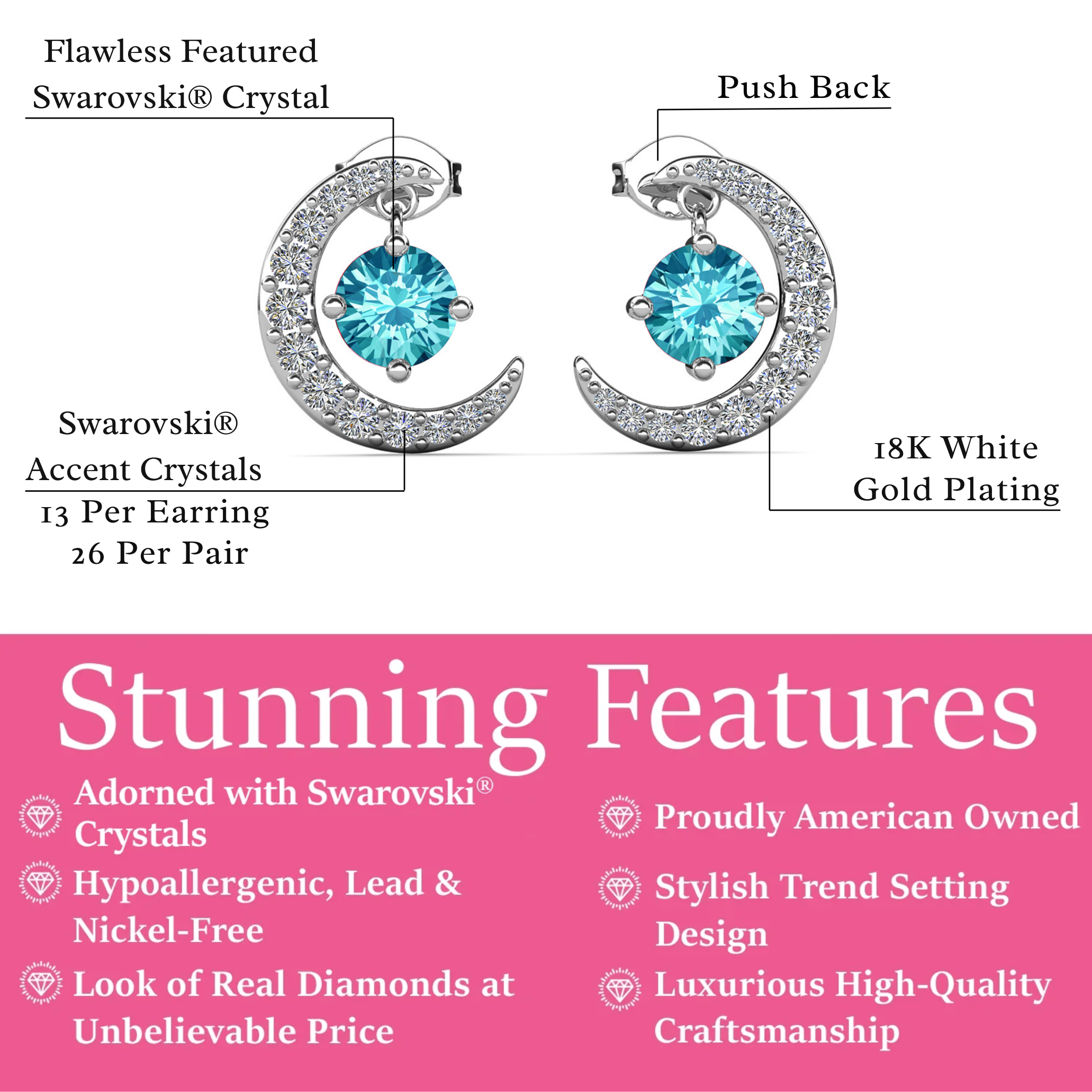 Luna 诞生石耳钉 18k 白金镀圆形切割水晶