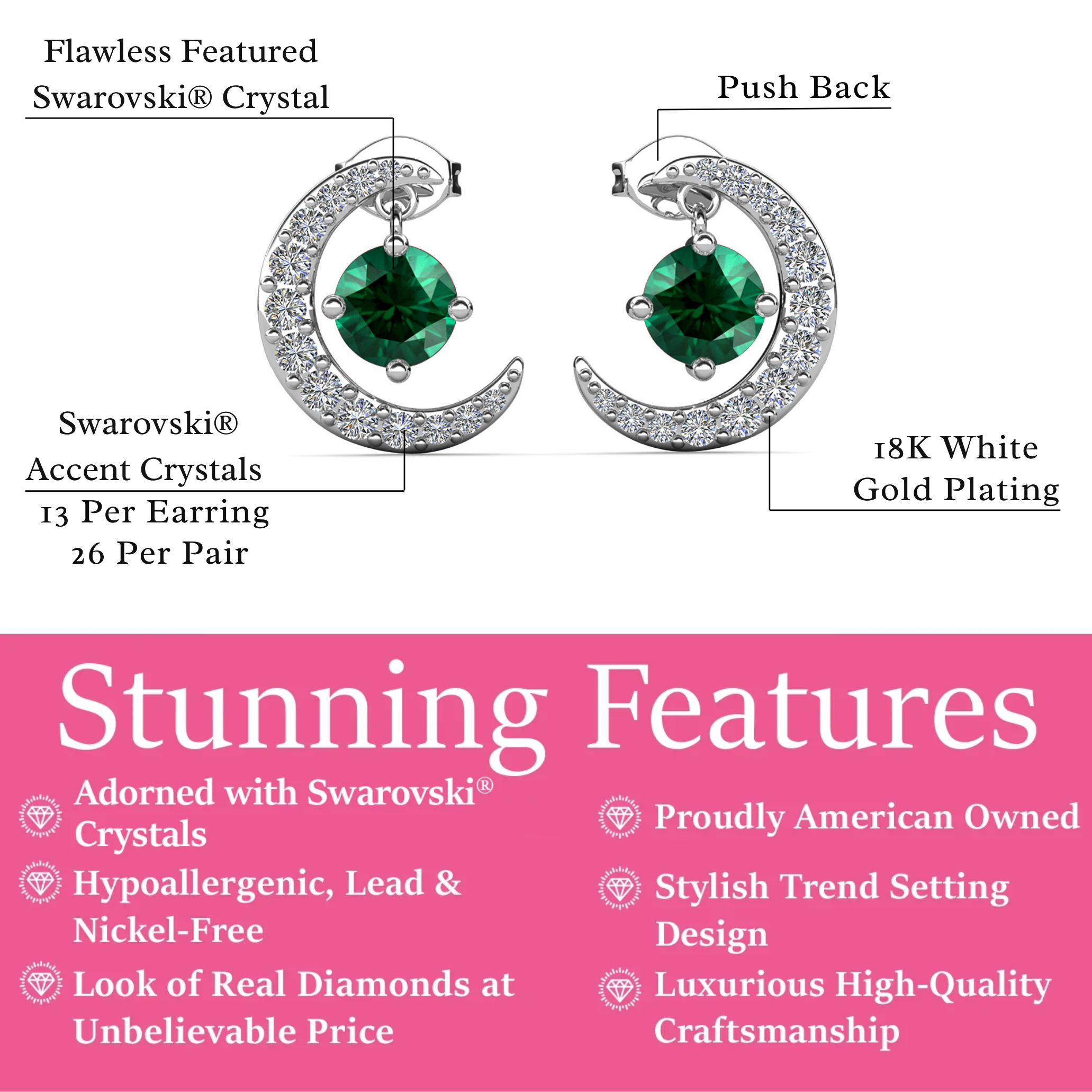 Luna 诞生石耳钉 18k 白金镀圆形切割水晶